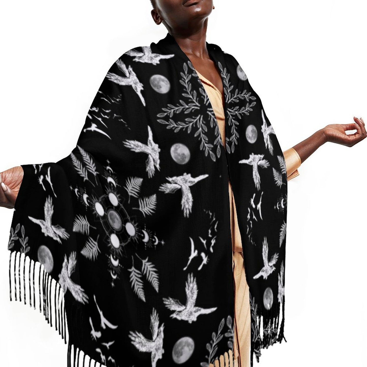 Crow Moonphase Tassel Scarf - Gothic Clothing, Crow Moonphase Raven Wrap