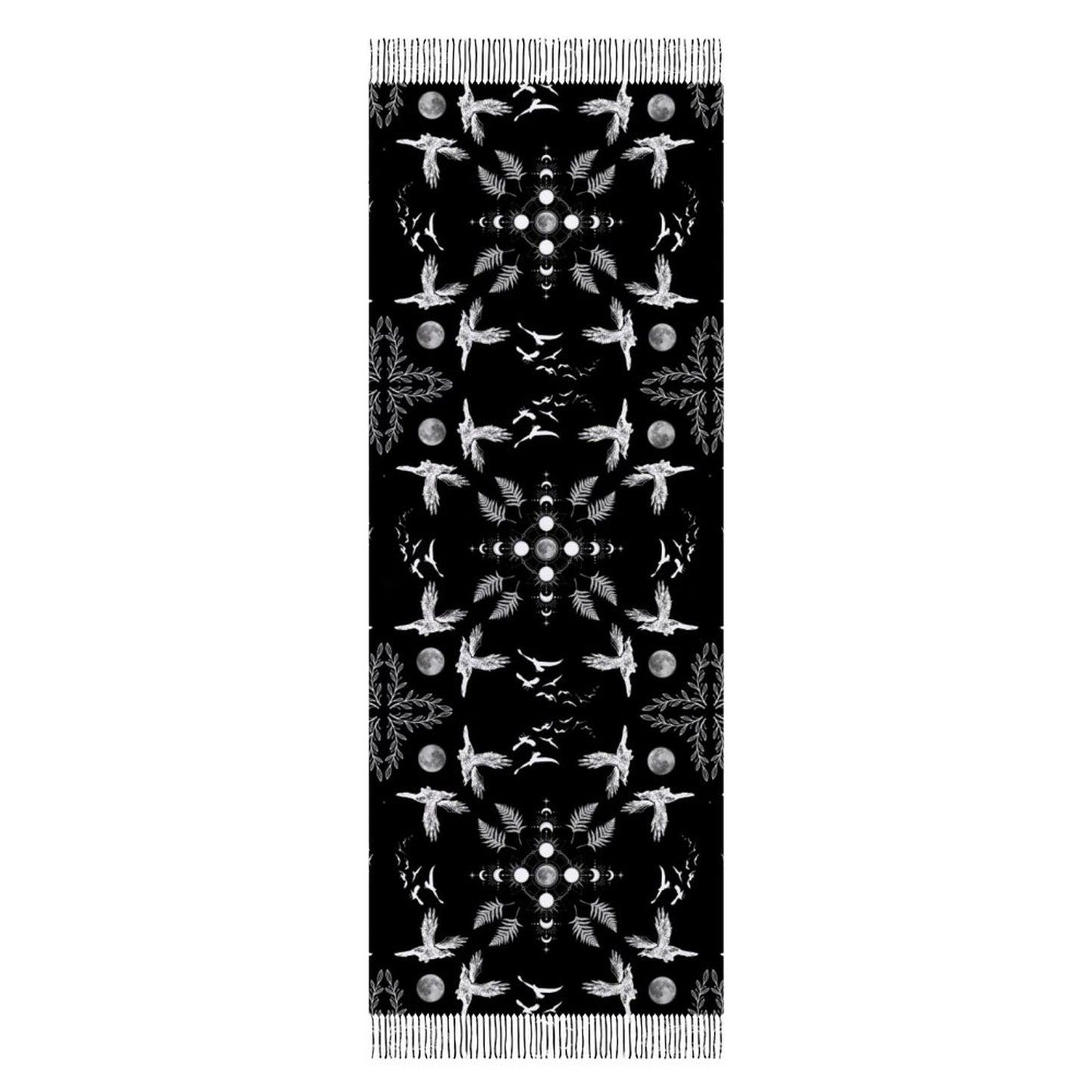 Crow Moonphase Tassel Scarf - Gothic Clothing, Crow Moonphase Raven Wrap