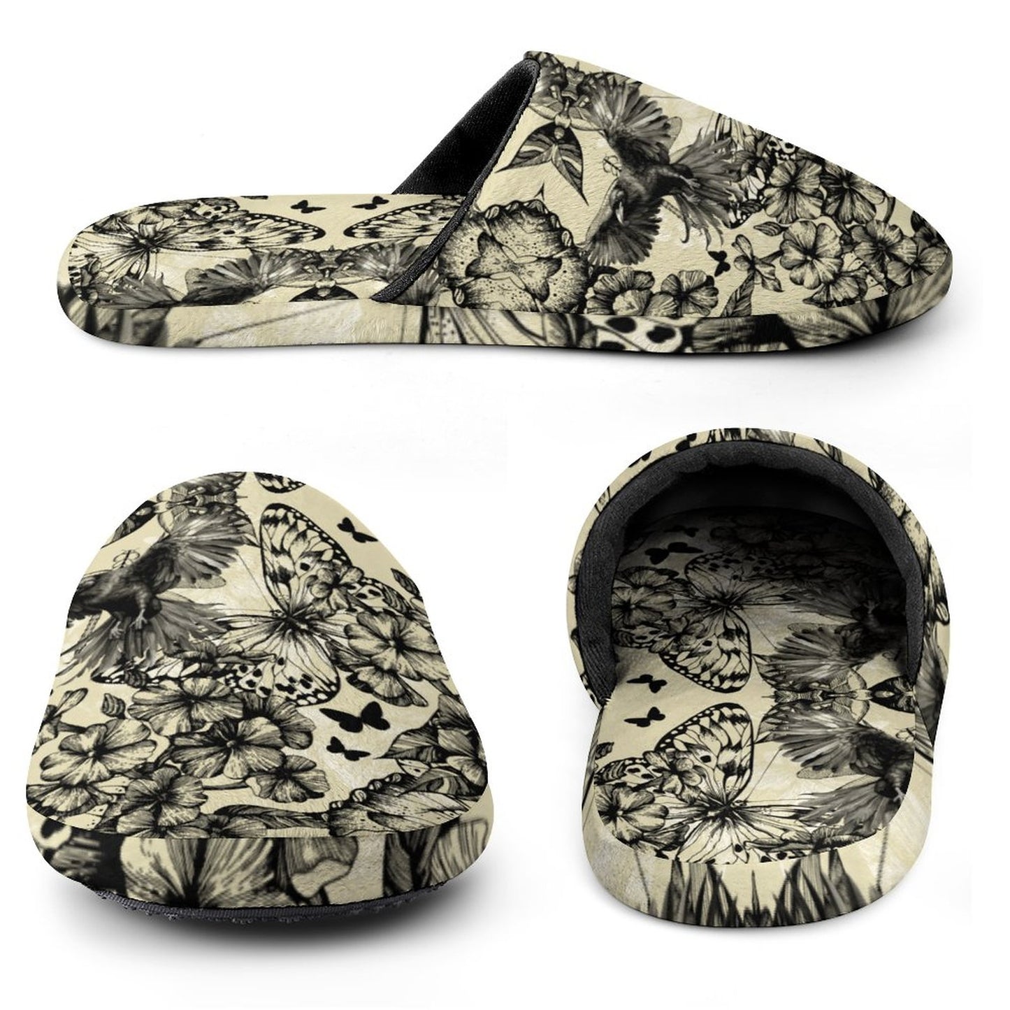 Crows and Butterflies Flannel Ladies Cotton Slippers