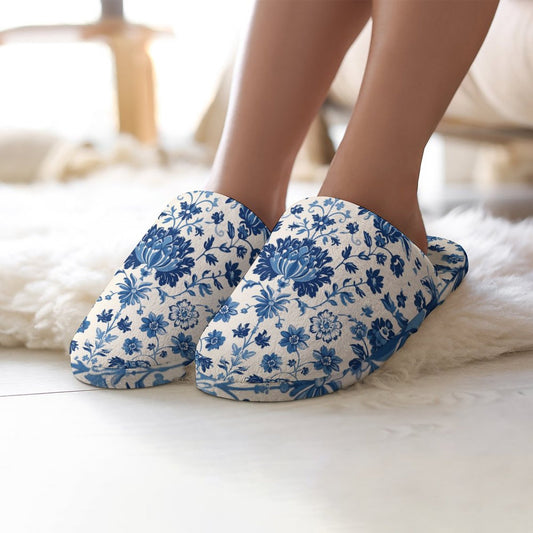 Blue floral slippers worn indoors on a soft surface