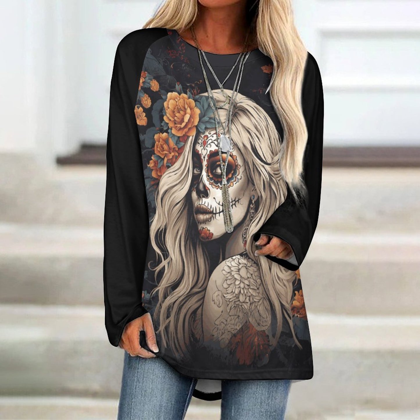 Day of the Dead Floral Custom Women's Long Sleeve U-Neck T-Shirts (All-Over Printing)