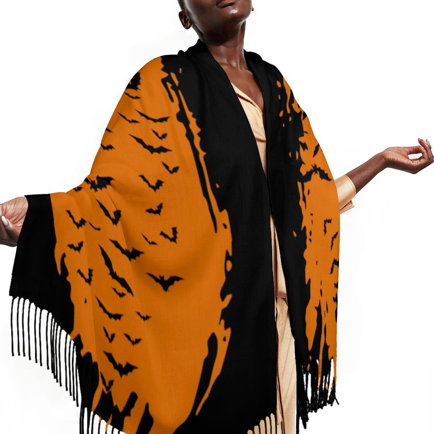 Cloud of Bats in Rust Cashmere-like Tassel Scarf (All-Over Printing)