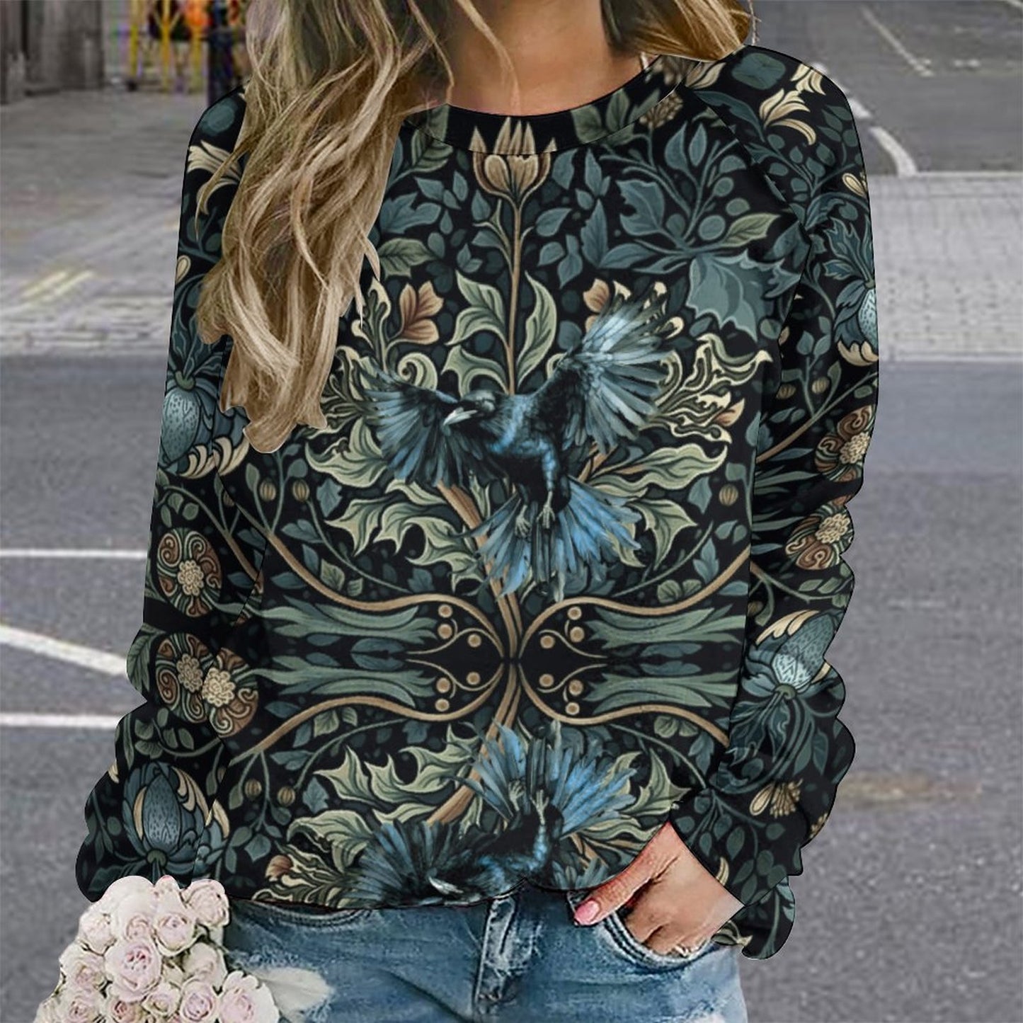 William Morris Inspired Crow in Greenery 280gsm Custom Sweatshirt Designs Raglan Style RHDEC2 (All-Over Printing)
