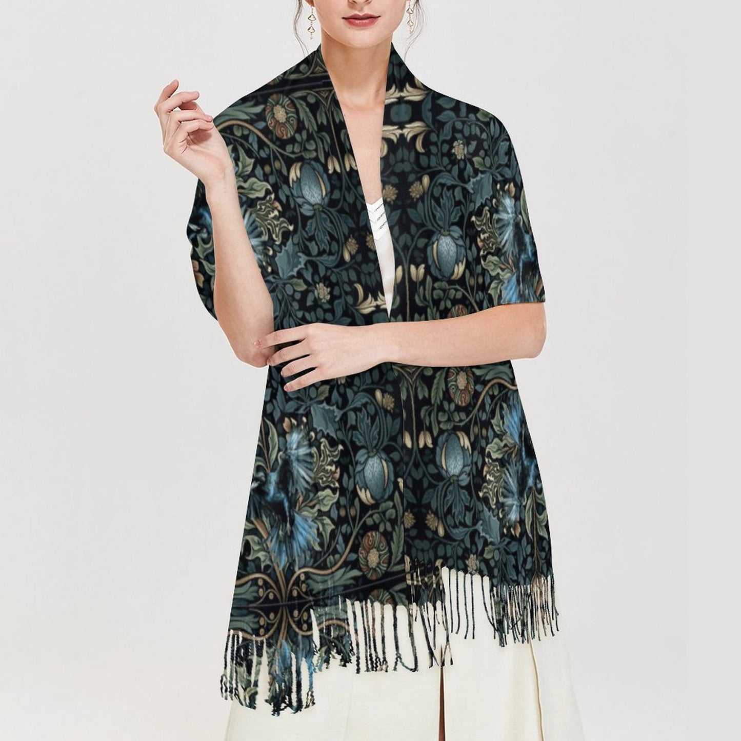 William Morris Inspired Crow Cashmere-like Tassel Scarf (All-Over Printing)