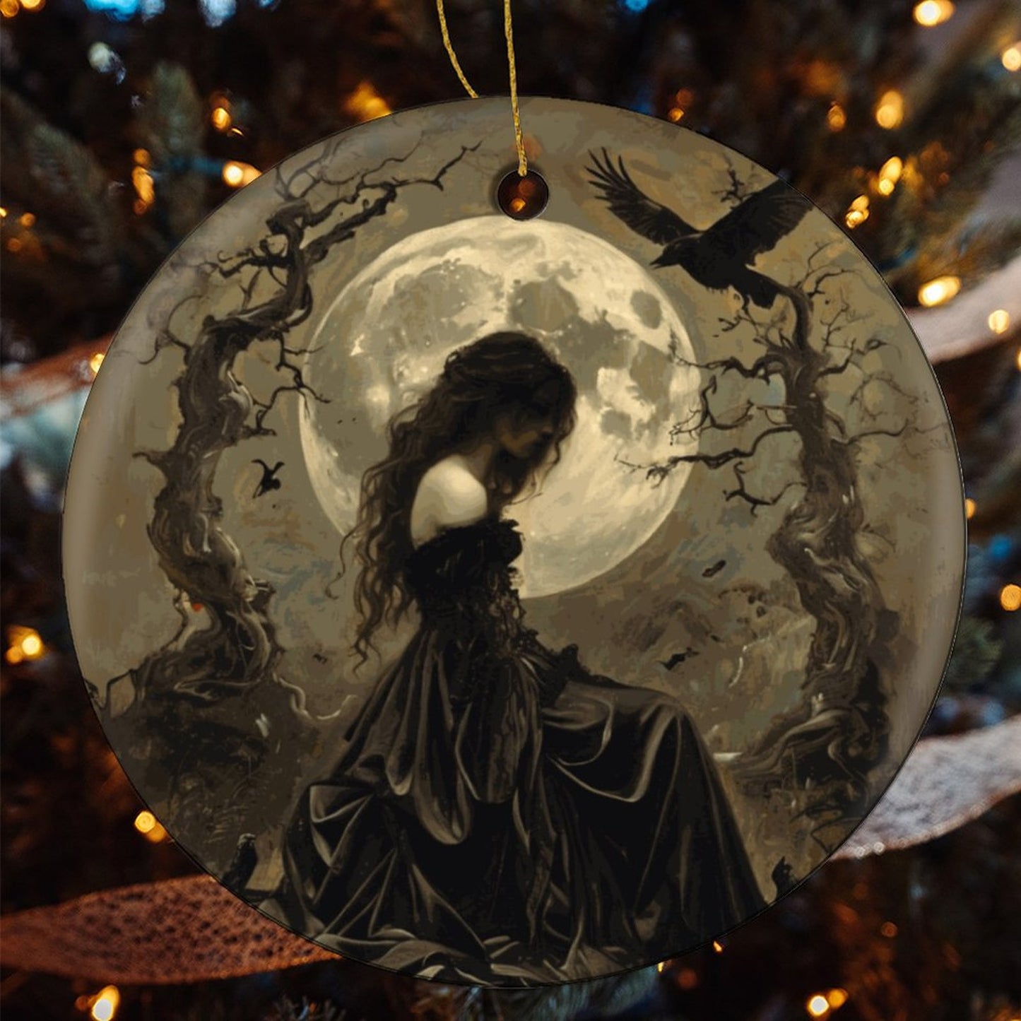 Morrigan Irish Goddess Round Christmas Ceramic Ornament (Glossy Surface)