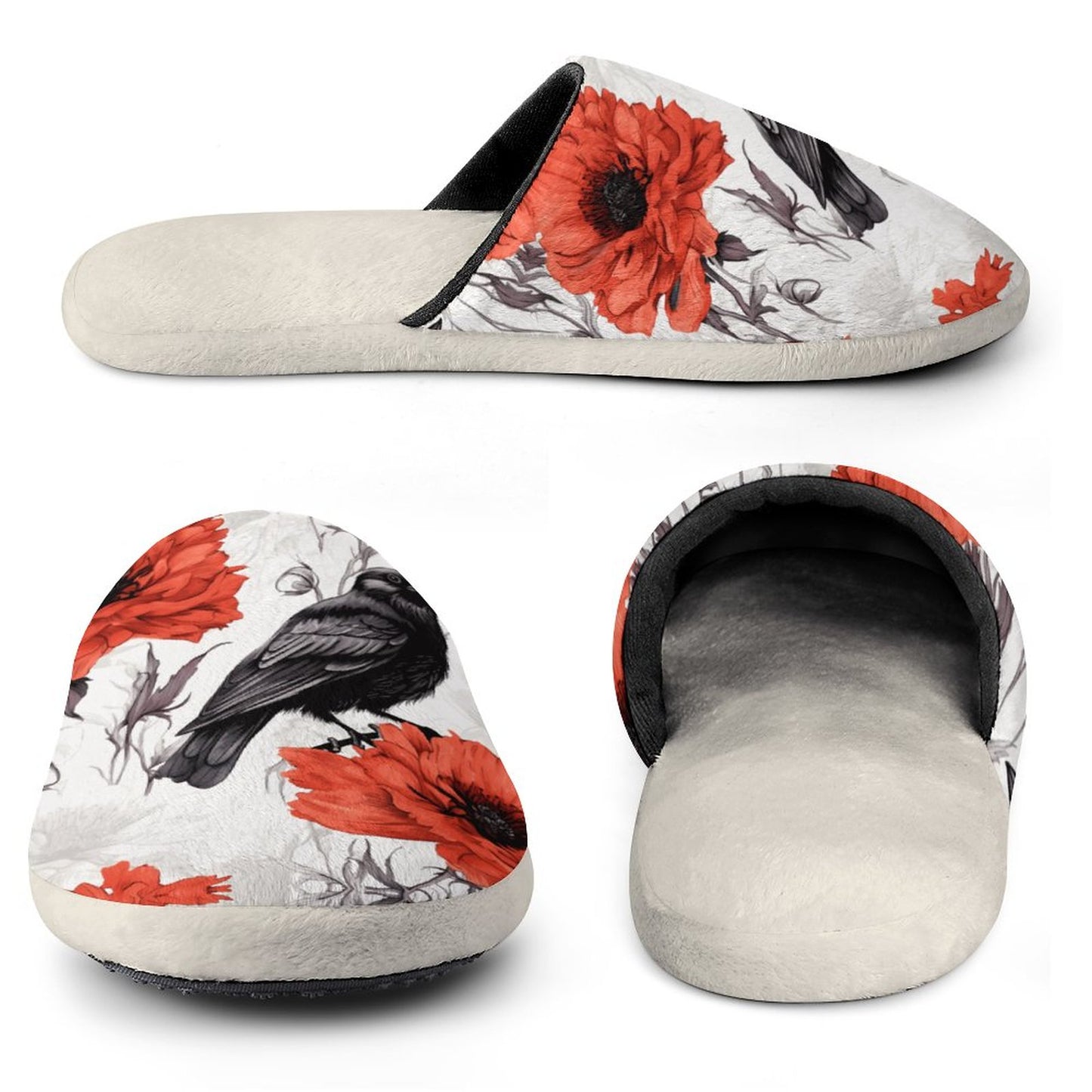Crow and Poppies Flannel Ladies Cotton Slippers