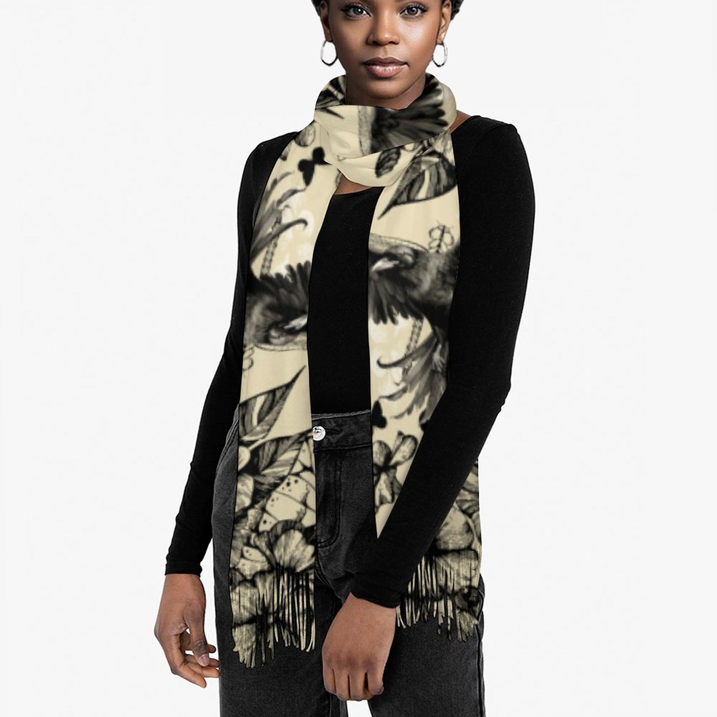 Crows in Flight Cashmere-like Tassel Scarf (All-Over Printing)