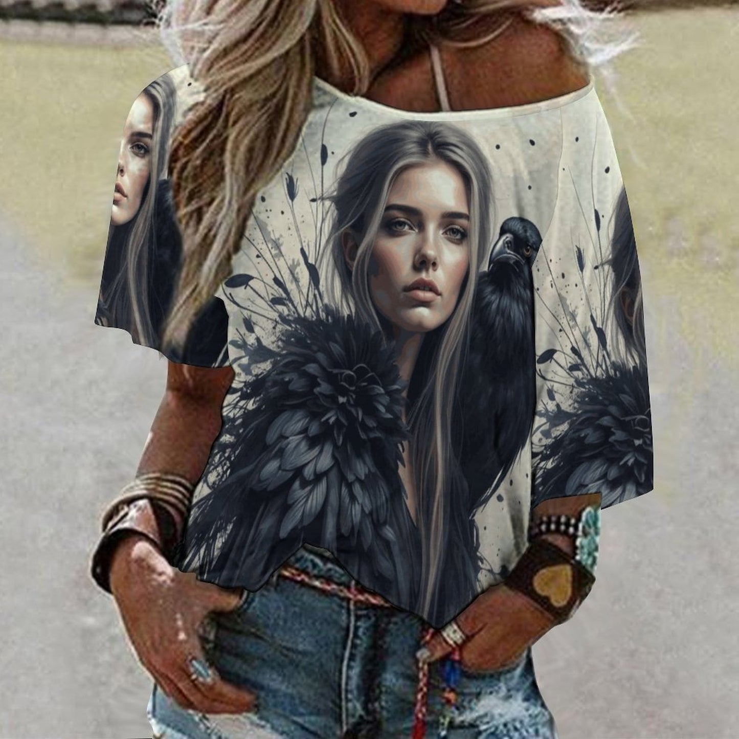 Morrigan and Crow 180gsm Women’s Off the Shoulder Half-Sleeve T-shirt BAT (All-Over Printing)