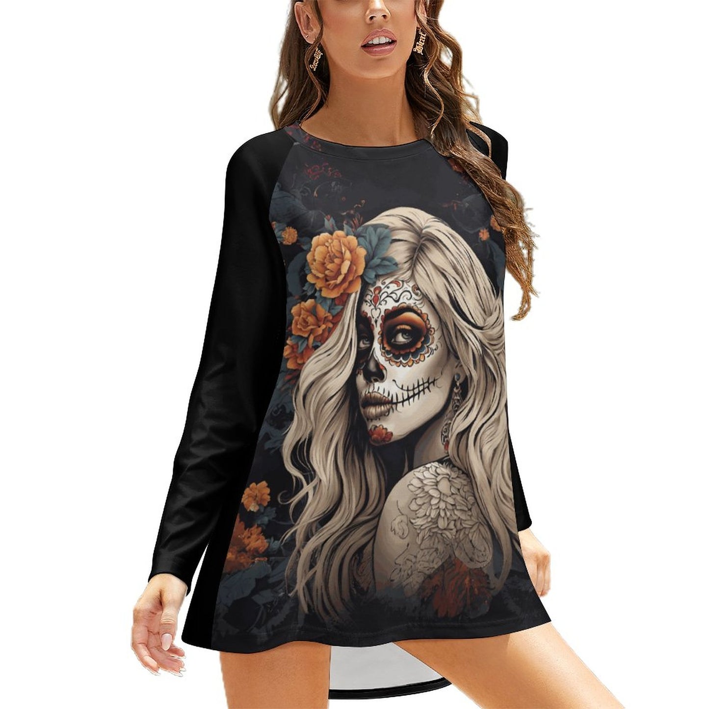 Day of the Dead Floral Custom Women's Long Sleeve U-Neck T-Shirts (All-Over Printing)