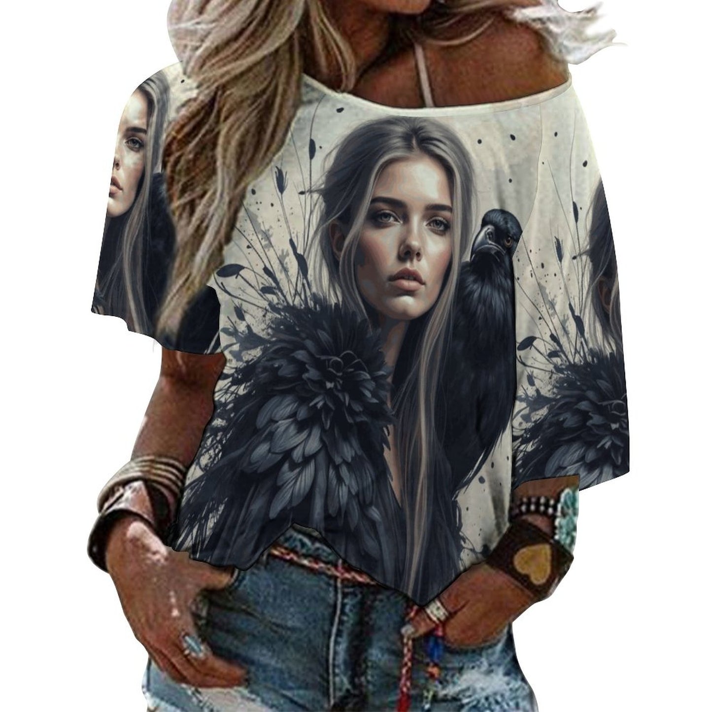 Morrigan and Crow 180gsm Women’s Off the Shoulder Half-Sleeve T-shirt BAT (All-Over Printing)
