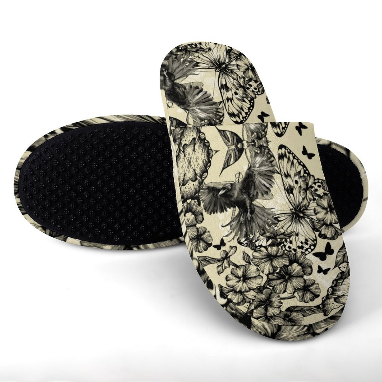 Crows and Butterflies Flannel Ladies Cotton Slippers