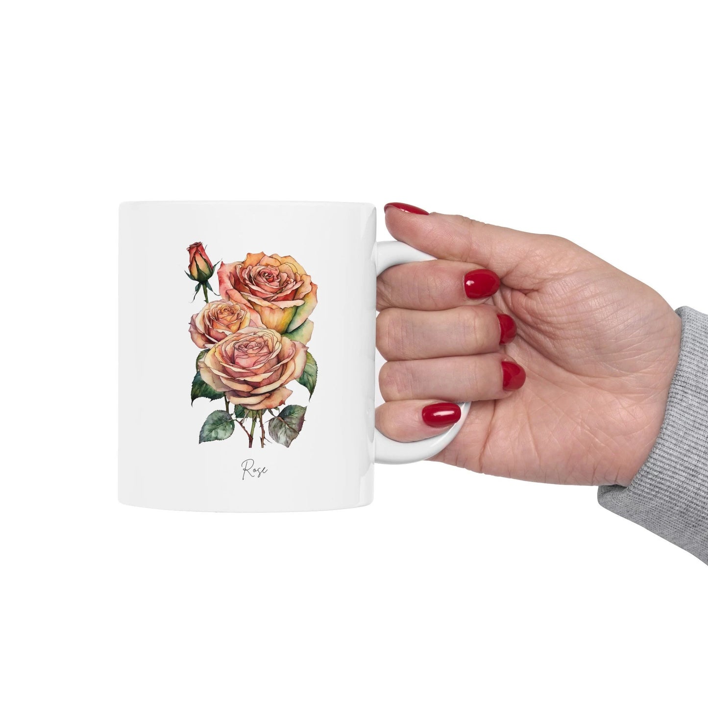 Rose Birthflower Ceramic Mug, 11oz flower mug, Boho White Mug - The Witchy Gypsy