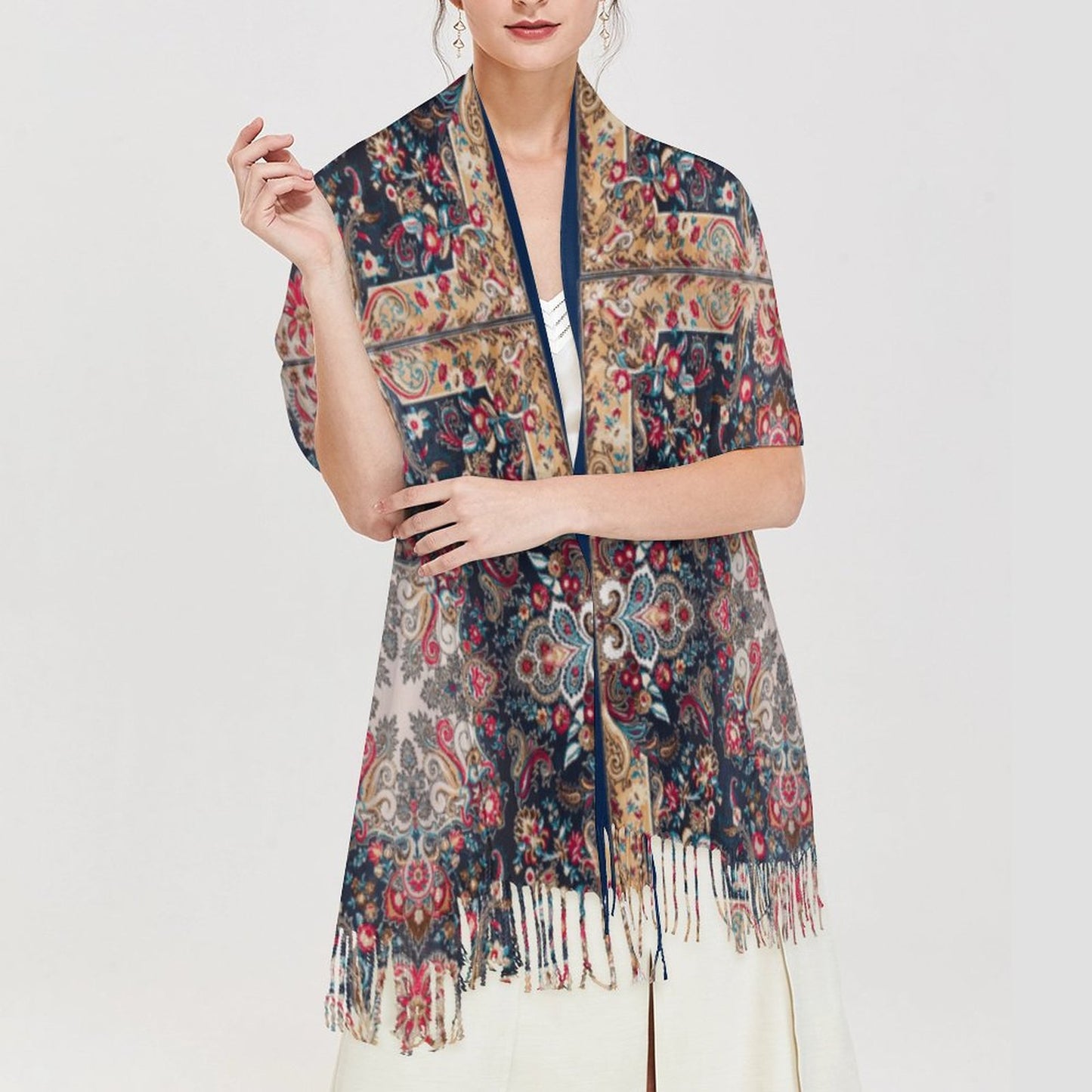 Paisley in Navy Cashmere-like Tassel Scarf (All-Over Printing)