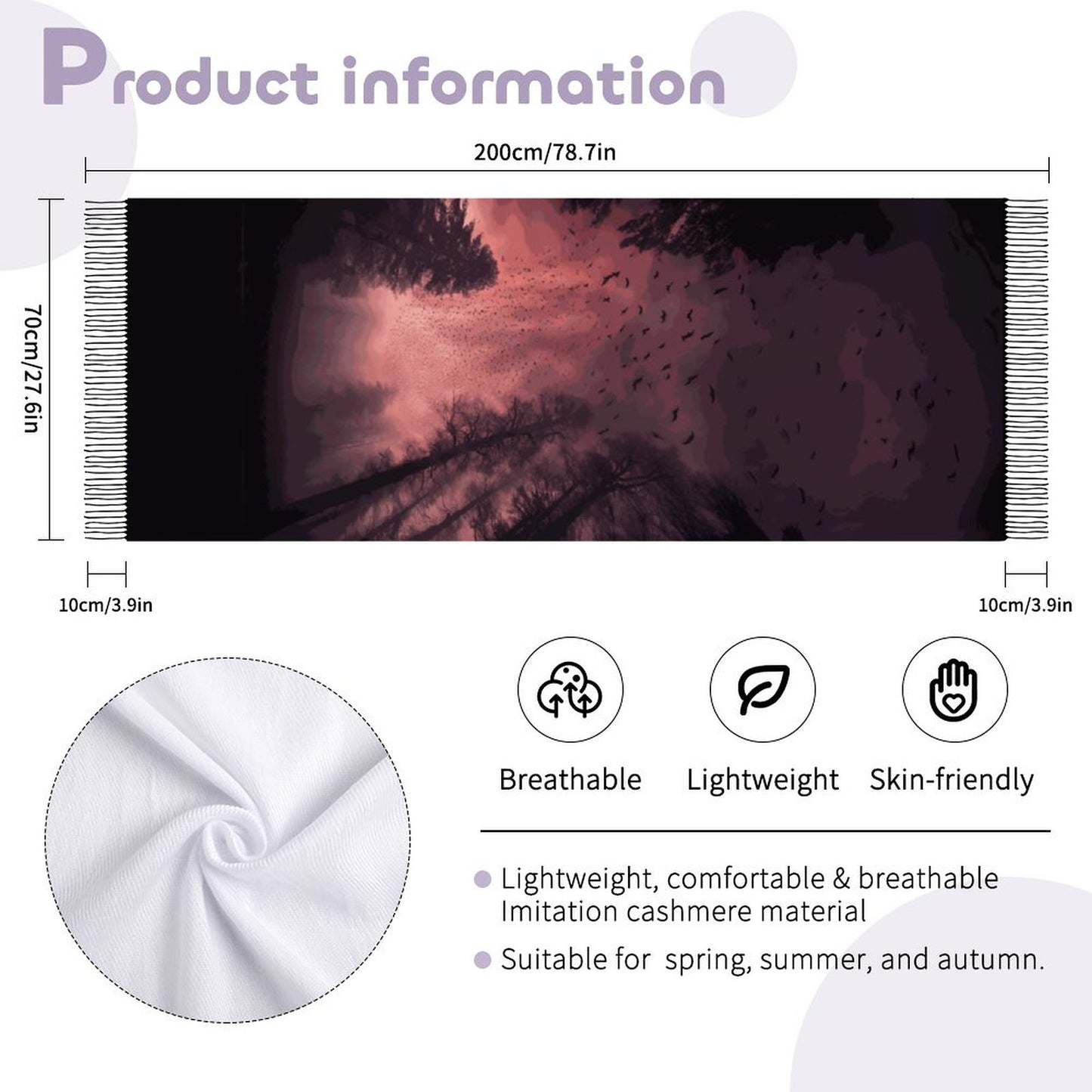 Cloud of Bats in Mystical Forest Cashmere-like Tassel Scarf (All-Over Printing)