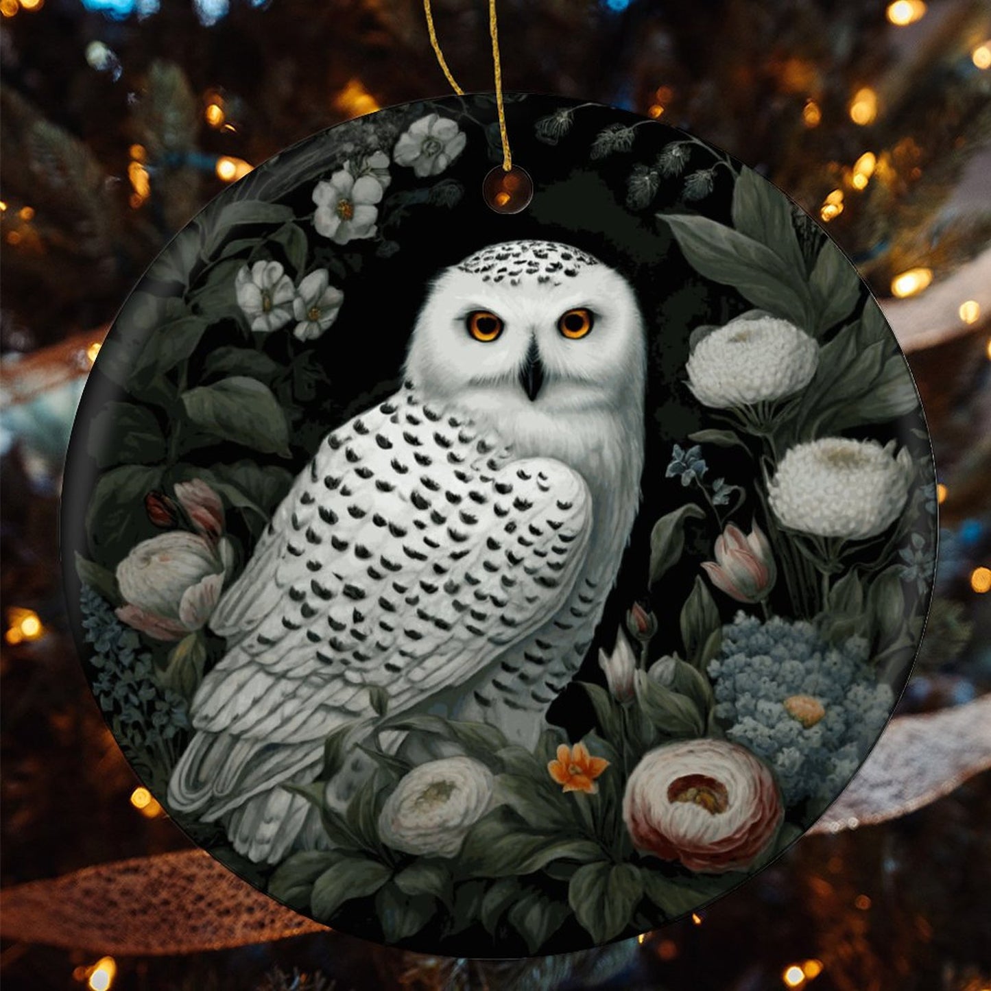 Winter Owl Round Christmas Ceramic Ornament