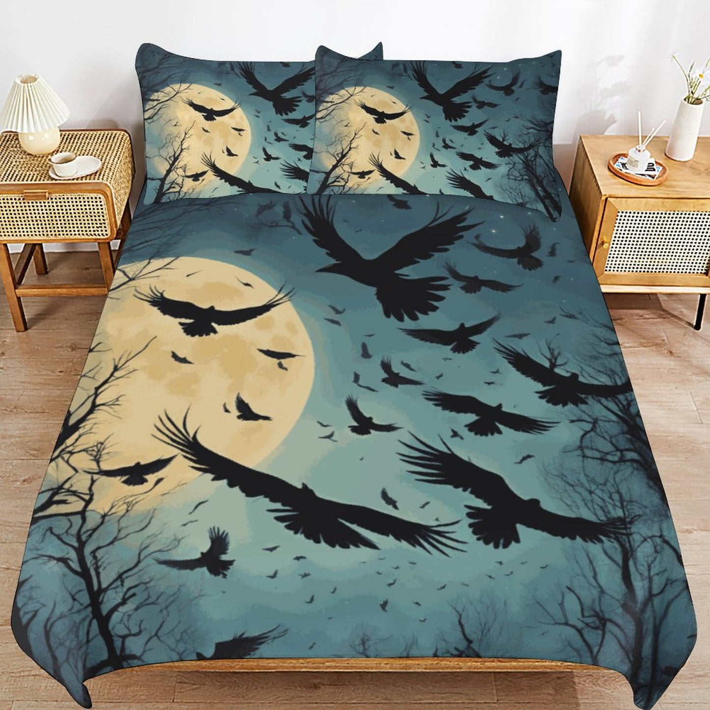 Full Moon Crows 3-Piece Bedding Set-90"x90"/ 229x229cm (Dual-sided Printing)