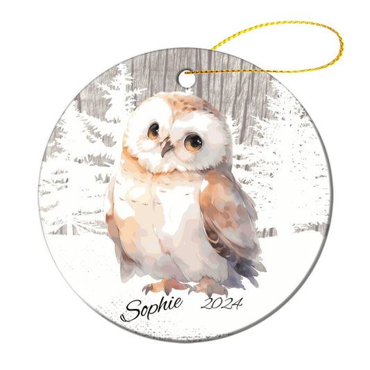 Cute Woodland Owl Round Christmas Ceramic Ornament