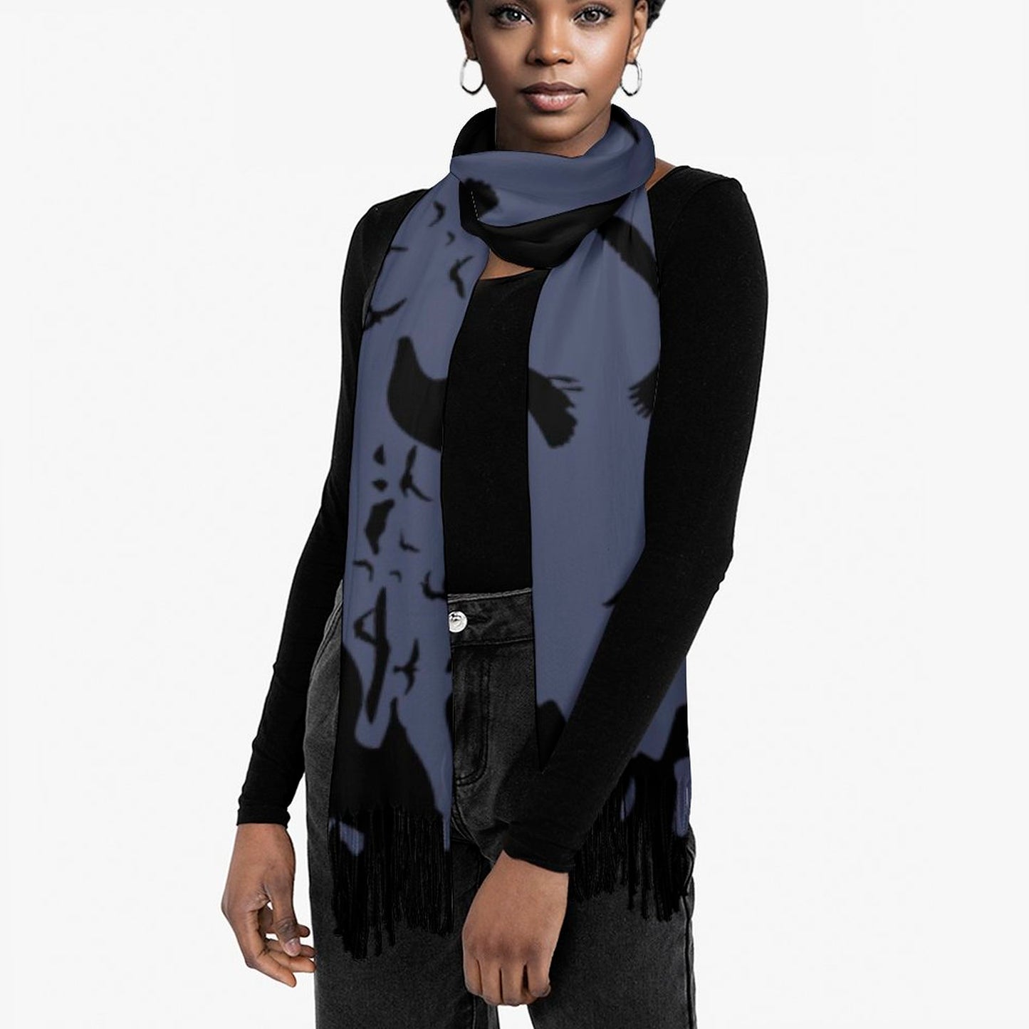 Crown Blue Cashmere-like Tassel Scarf (All-Over Printing)