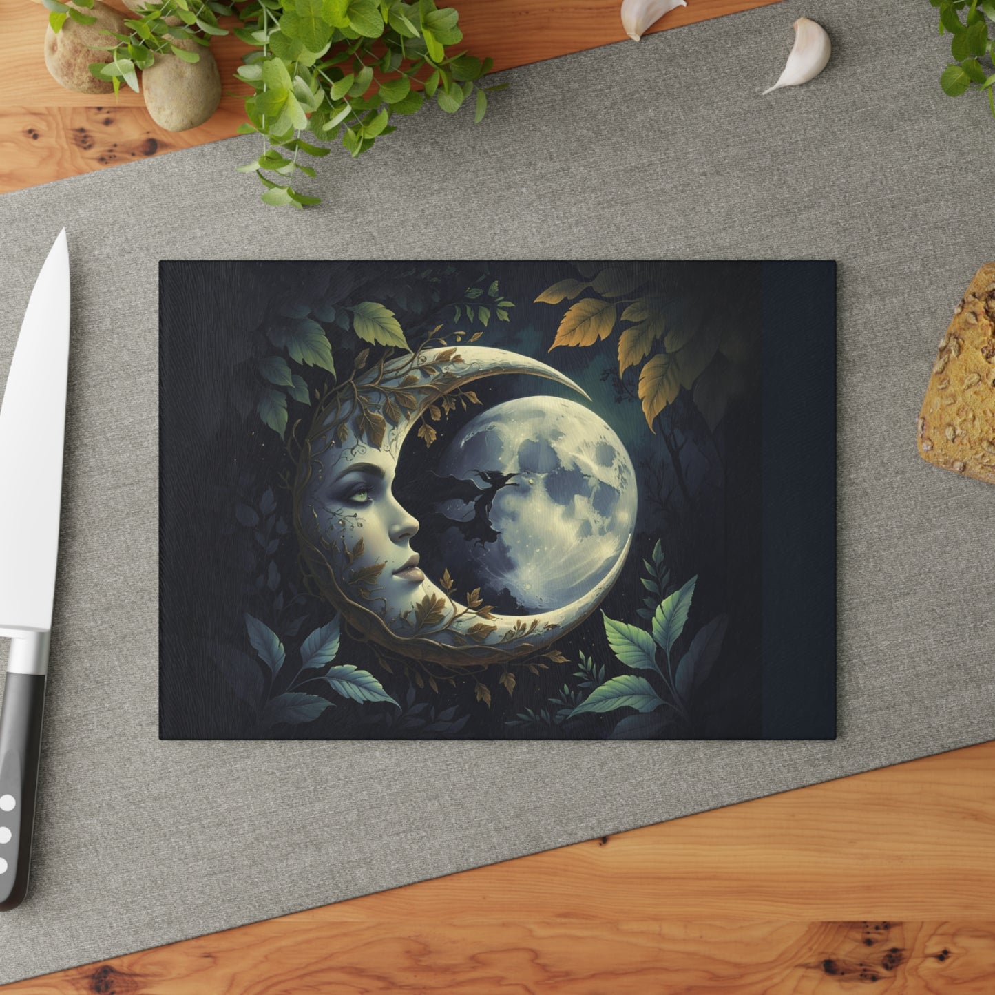 Moonface Crescent Moon Art Glass Cutting Board | Celestial Moonlight Kitchen Decor