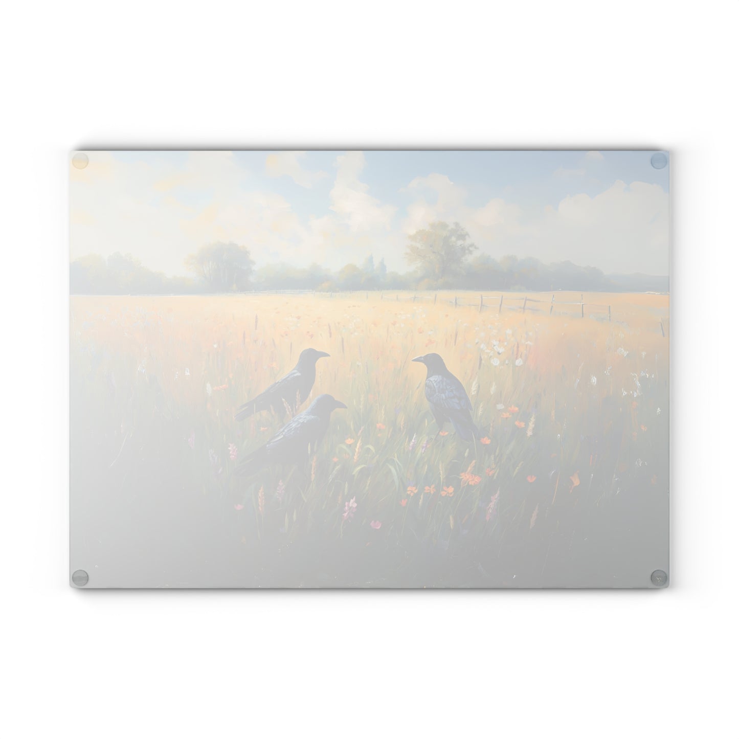 Crows in Sunlit Meadow Glass Cutting Board | Farmhouse Kitchen Decor