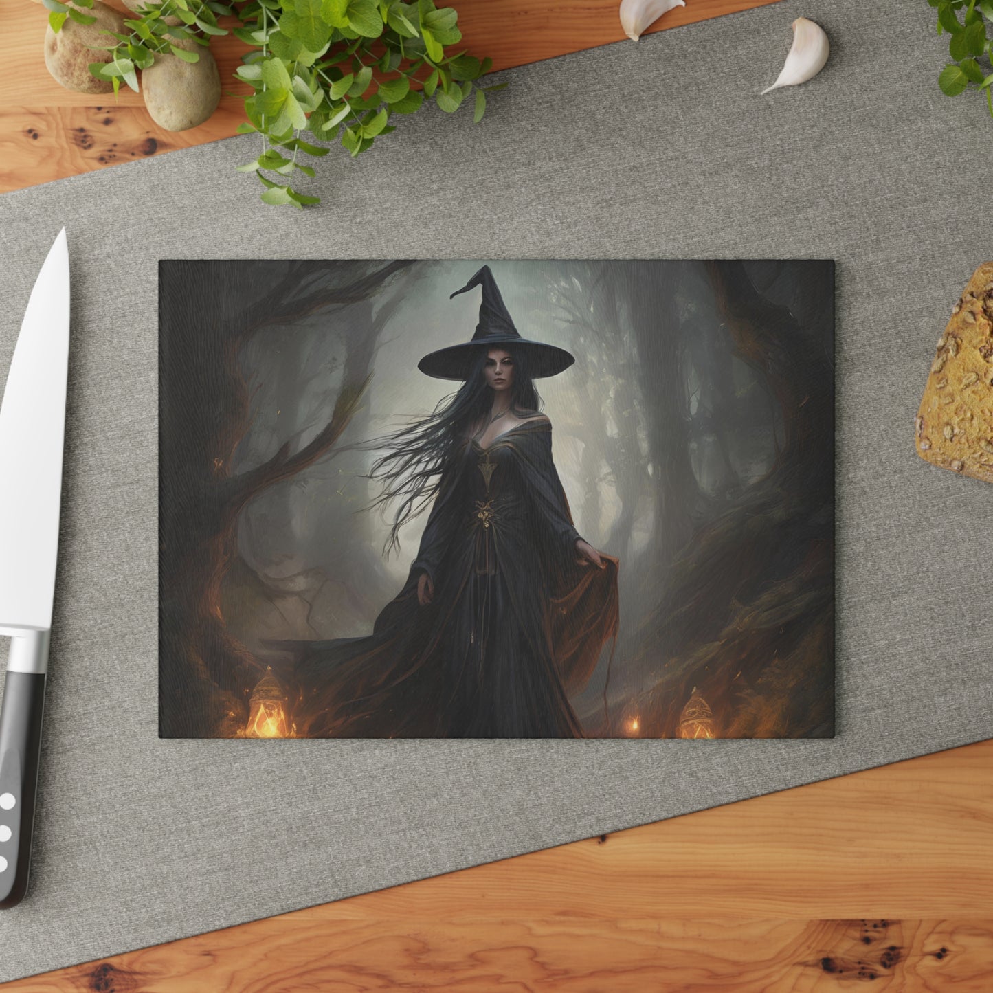 Witch in Forest Glass Cutting Board | Dark Witchcraft Kitchen Accessory