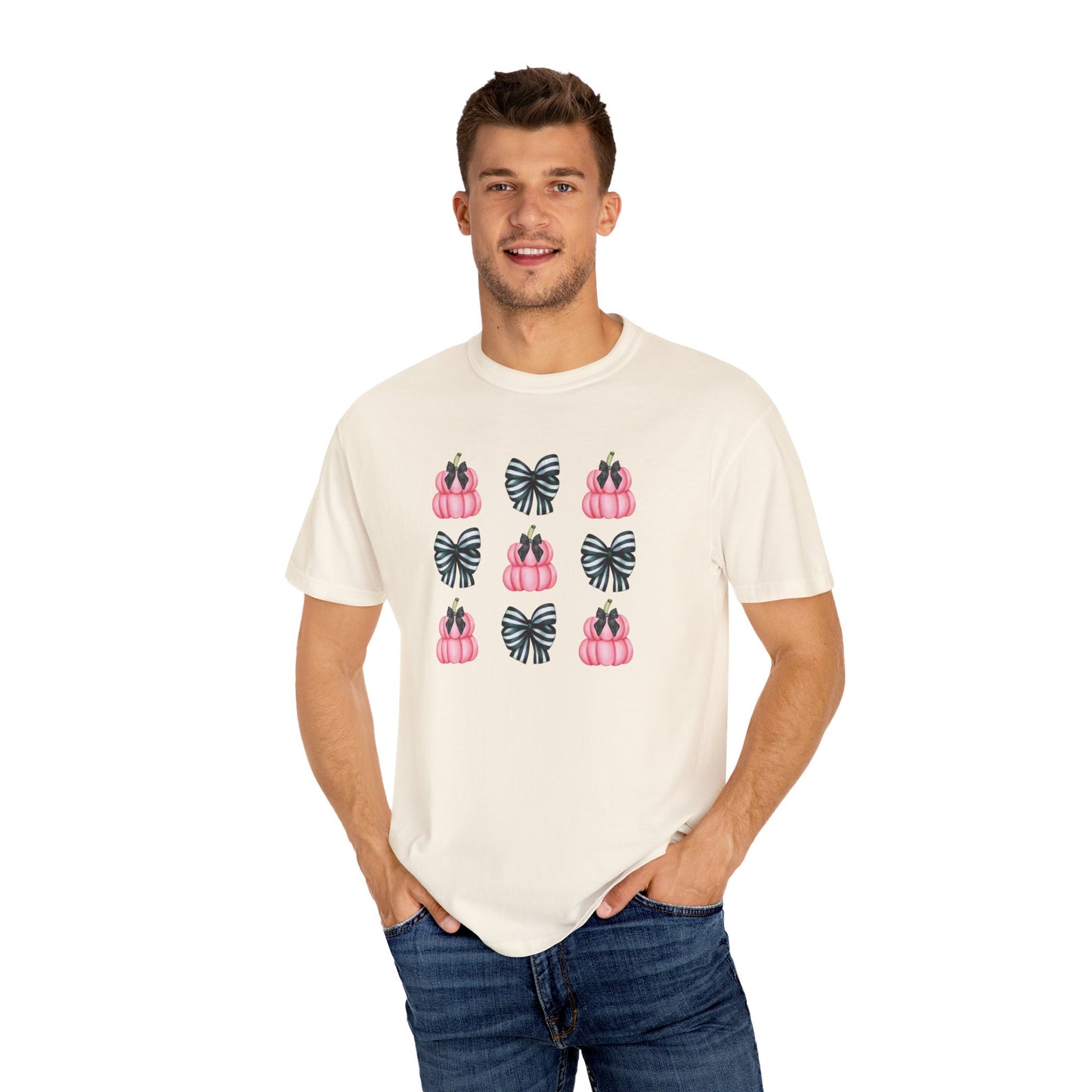 Pink Pumpkins and Striped Bows Unisex Garment-Dyed T-shirt