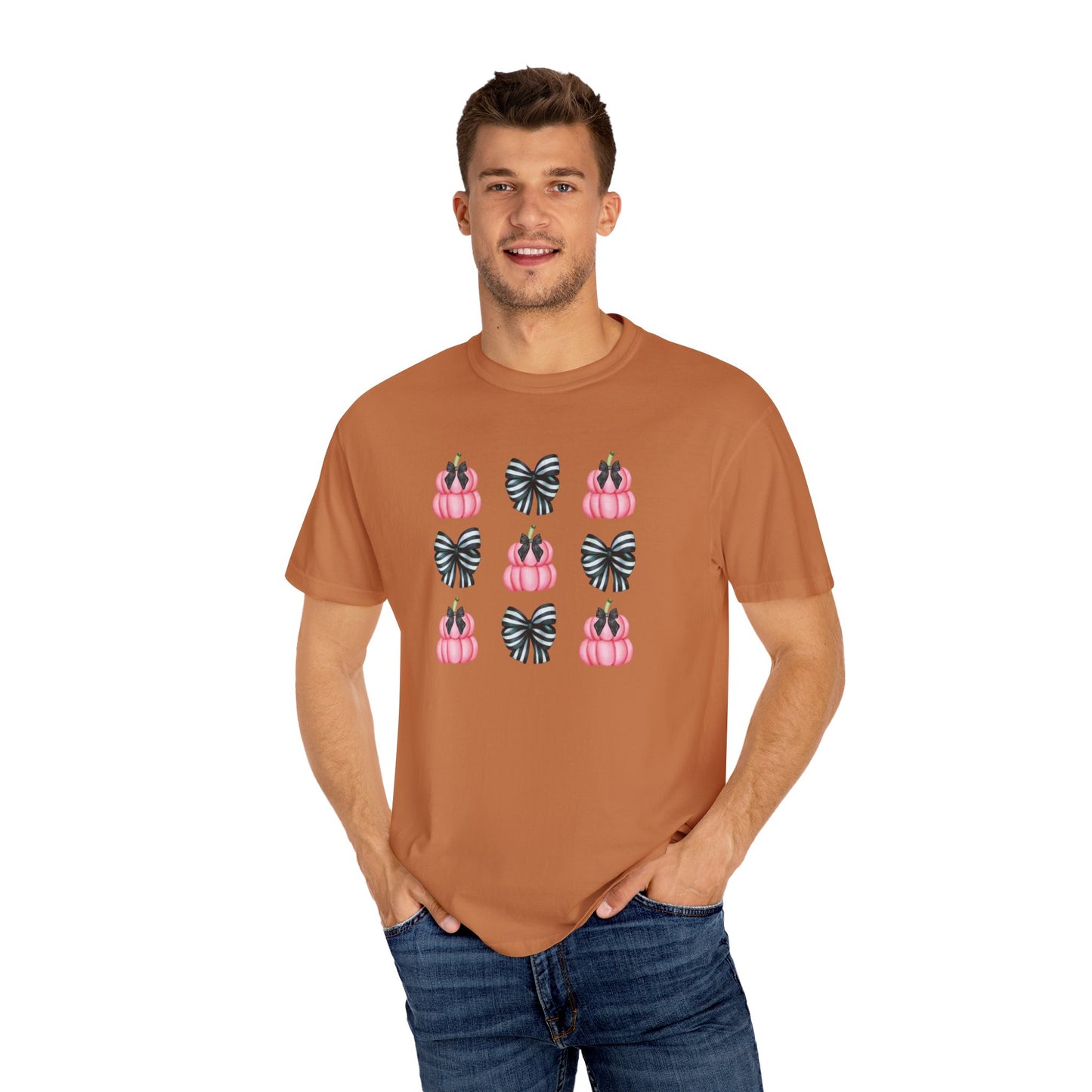 Pink Pumpkins and Striped Bows Unisex Garment-Dyed T-shirt