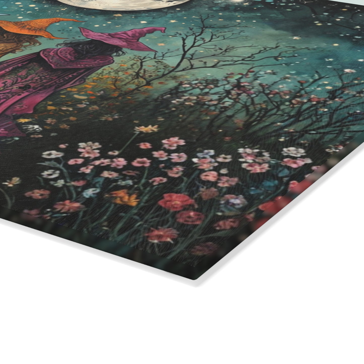 Three Witch Moonlight scene Glass Cutting Board | Pagan kitchen decor