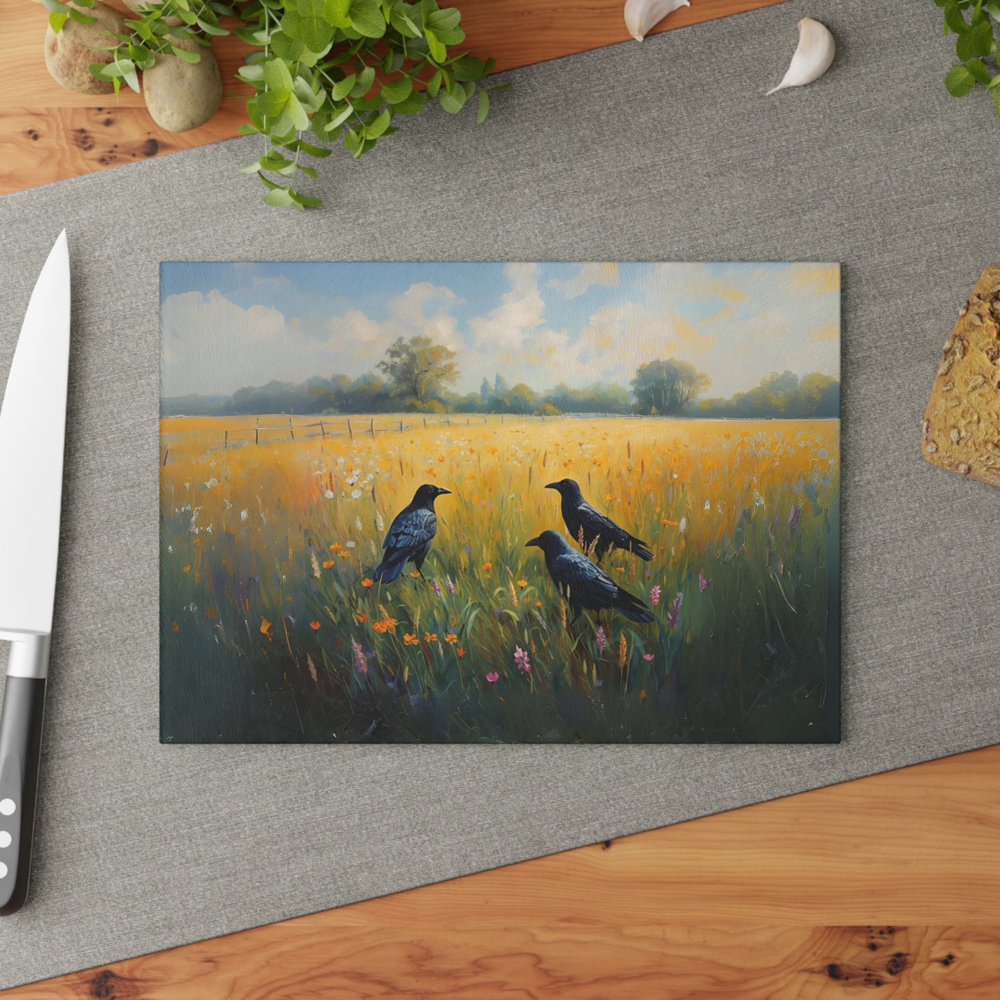 Crows in Sunlit Meadow Glass Cutting Board | Farmhouse Kitchen Decor