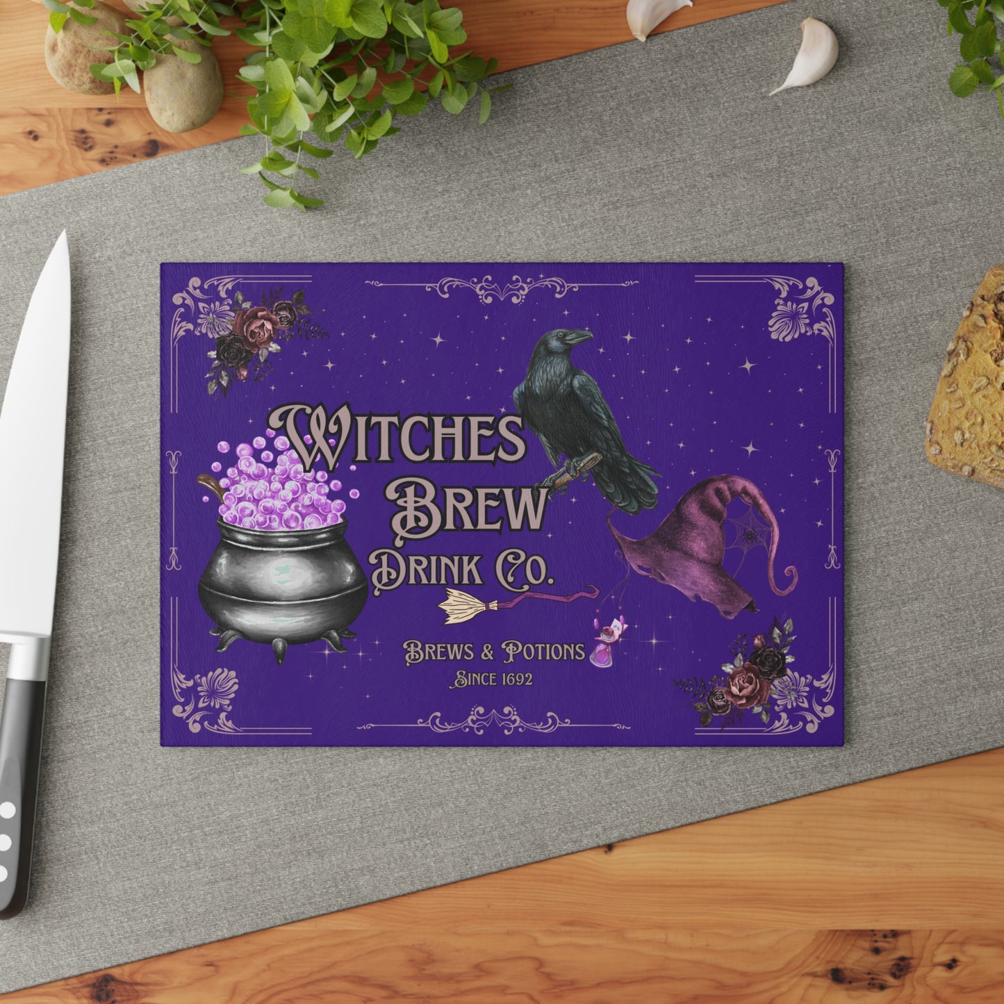 Witches Brew Cauldron Raven Glass Cutting Board | Witchy Kitchen Decor