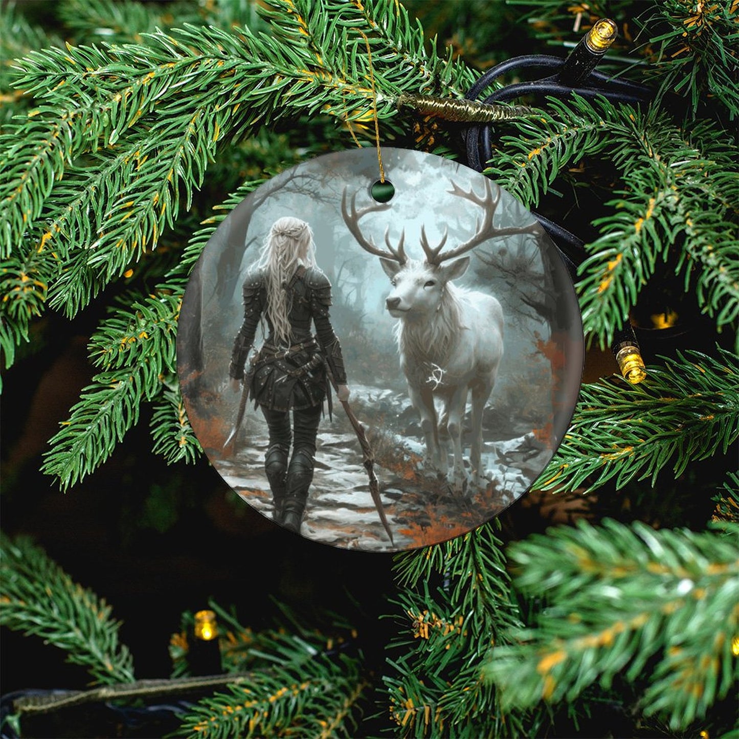 Aelin and Stag Mystical Forest Round Christmas Ceramic Ornament