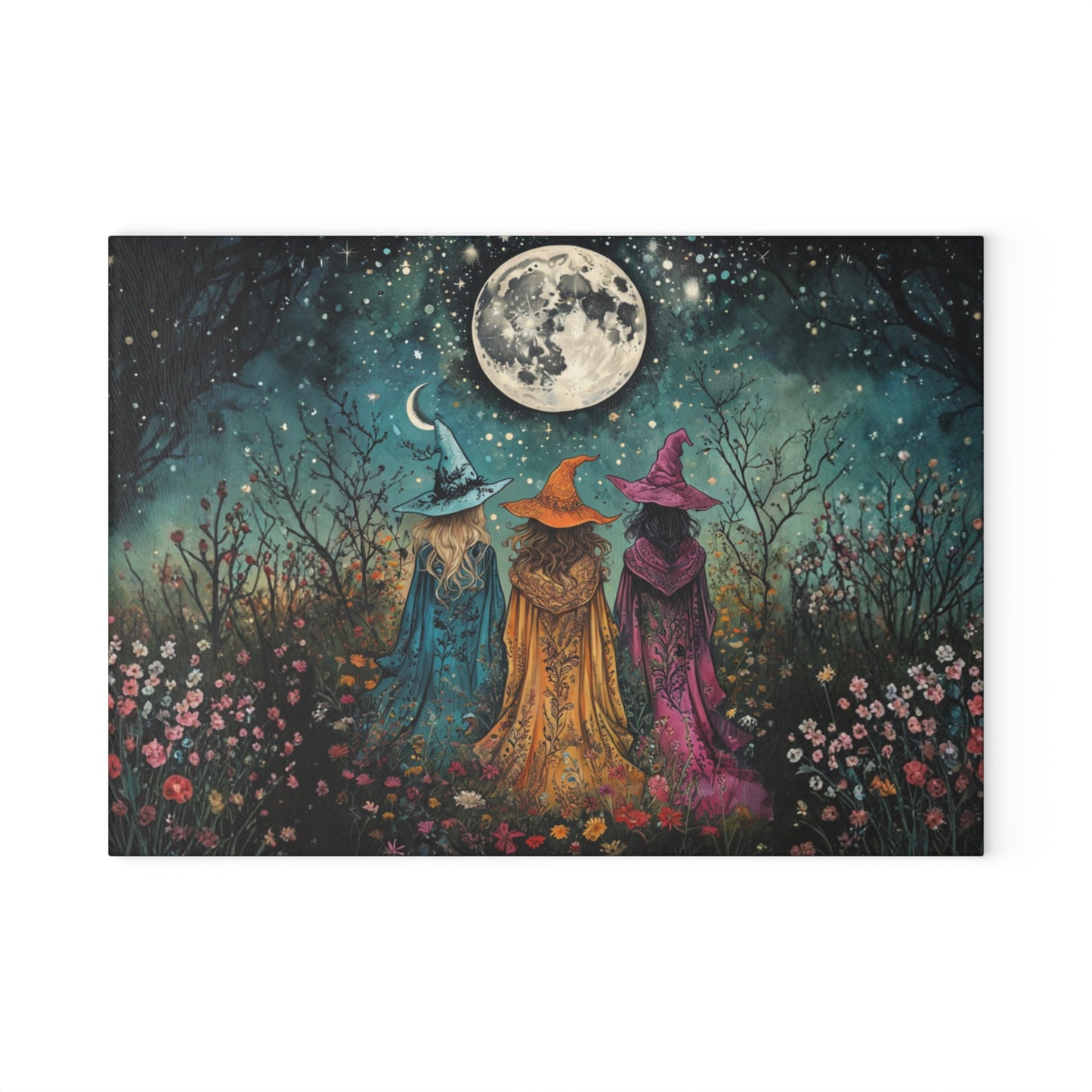 Three Witch Moonlight scene Glass Cutting Board | Pagan kitchen decor
