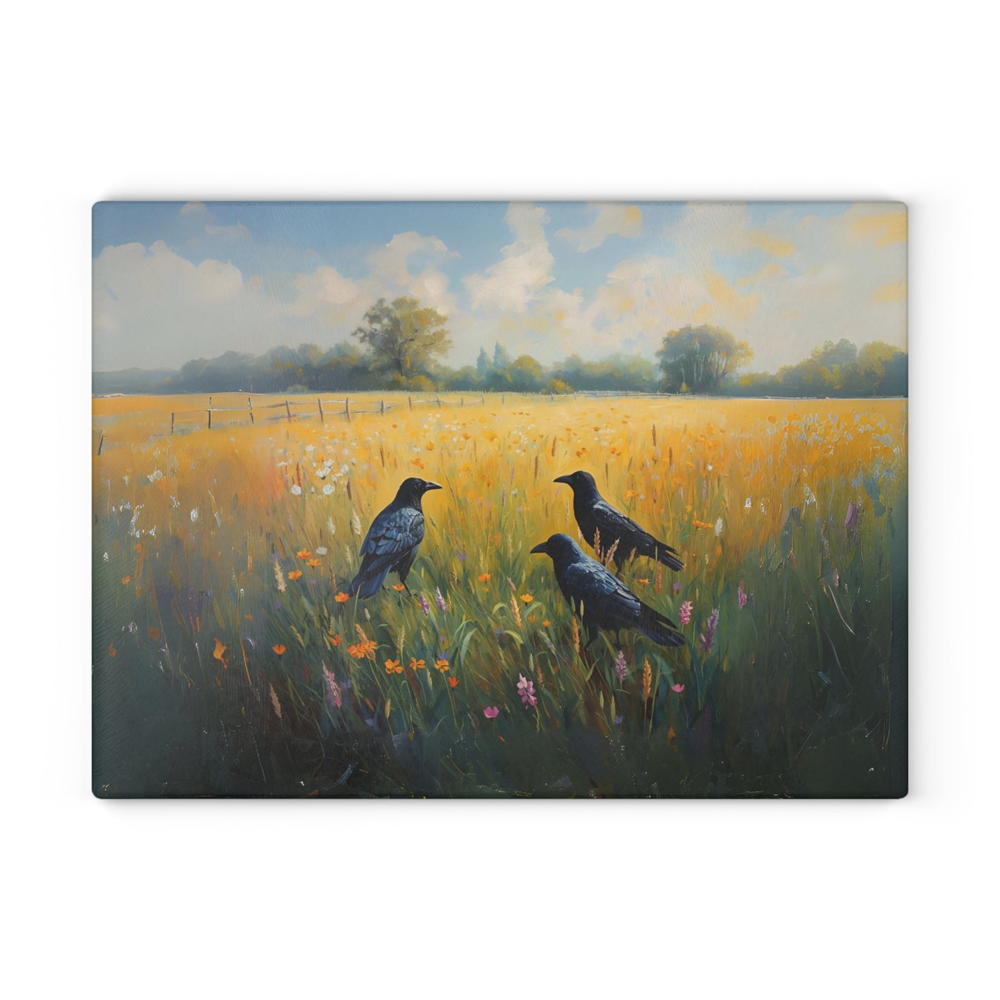 Crows in Sunlit Meadow Glass Cutting Board | Farmhouse Kitchen Decor