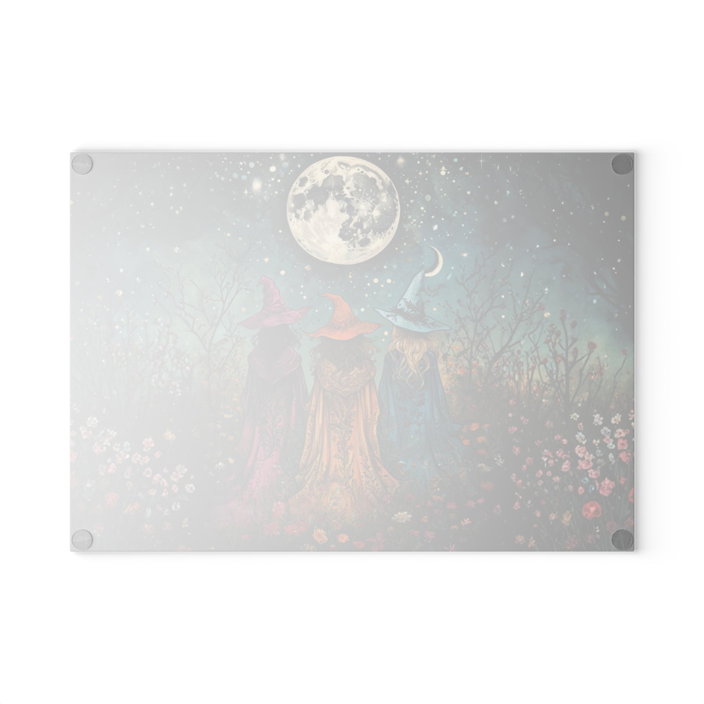 Three Witch Moonlight scene Glass Cutting Board | Pagan kitchen decor