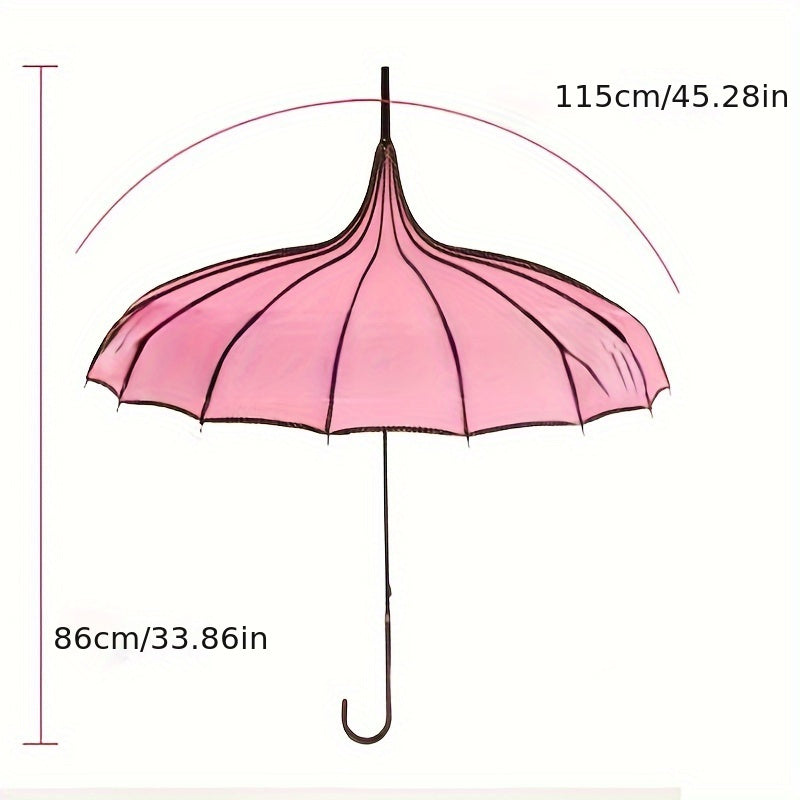 Fashion Pagoda Umbrella with Lace Trim - 16 Rib Iron Frame, Manual Open, Water-Resistant Pongee (190T) Canopy, Stylish Curved Handle for Bridal Photography and Everyday Use