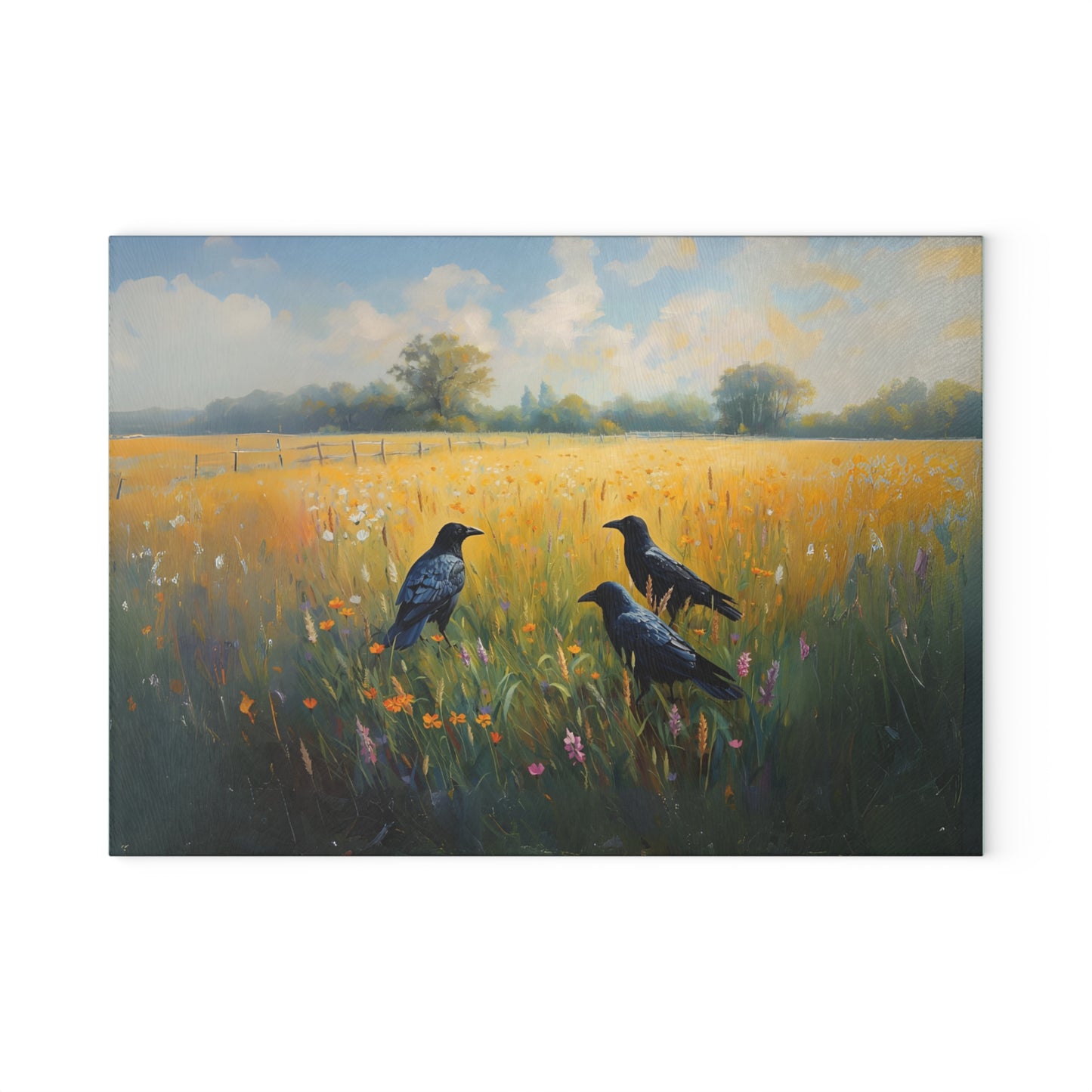 Crows in Sunlit Meadow Glass Cutting Board | Farmhouse Kitchen Decor