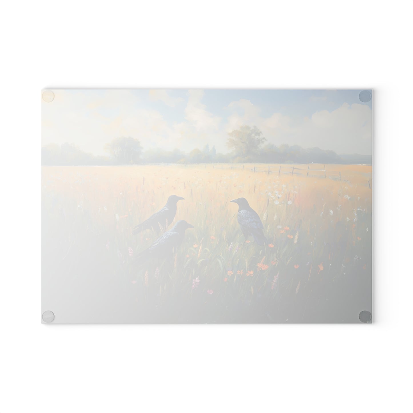 Crows in Sunlit Meadow Glass Cutting Board | Farmhouse Kitchen Decor