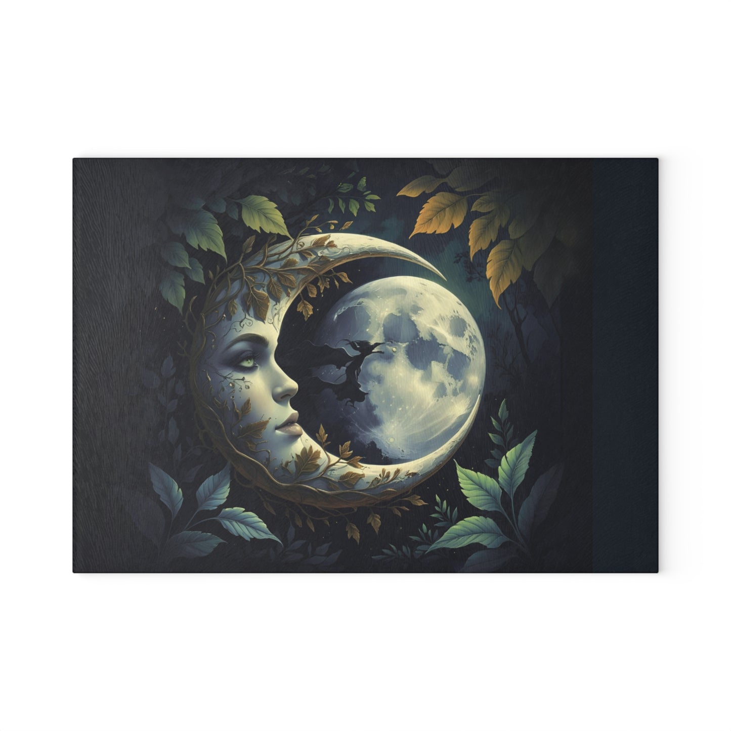 Moonface Crescent Moon Art Glass Cutting Board | Celestial Moonlight Kitchen Decor