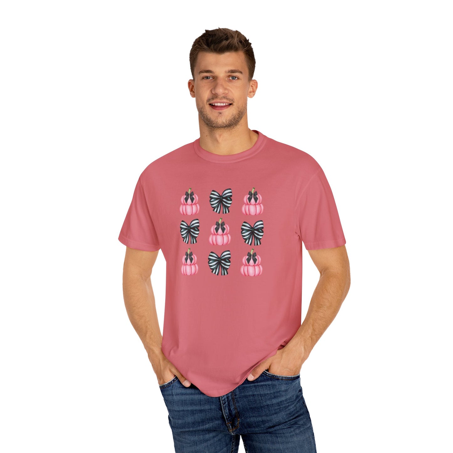 Pink Pumpkins and Striped Bows Unisex Garment-Dyed T-shirt