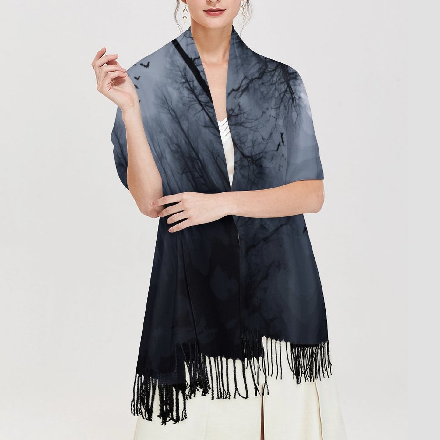 Full Moon Cloud of Bats Cashmere-like Tassel Scarf (All-Over Printing)