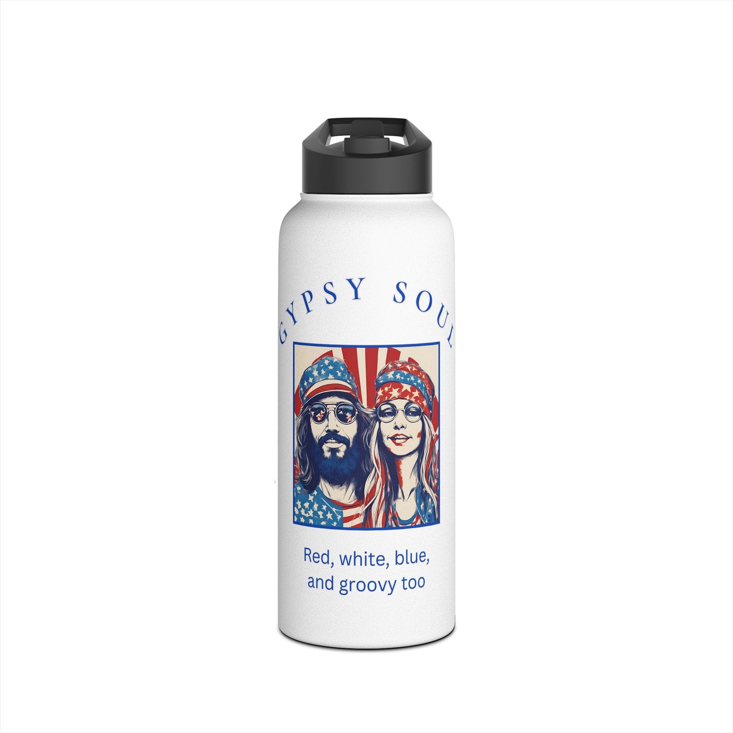 Gypsy Soul, Stainless Steel Water Bottle, Red, White, Blue and groovy too, hippy style, 4th of july,independence day,patriots,flower child