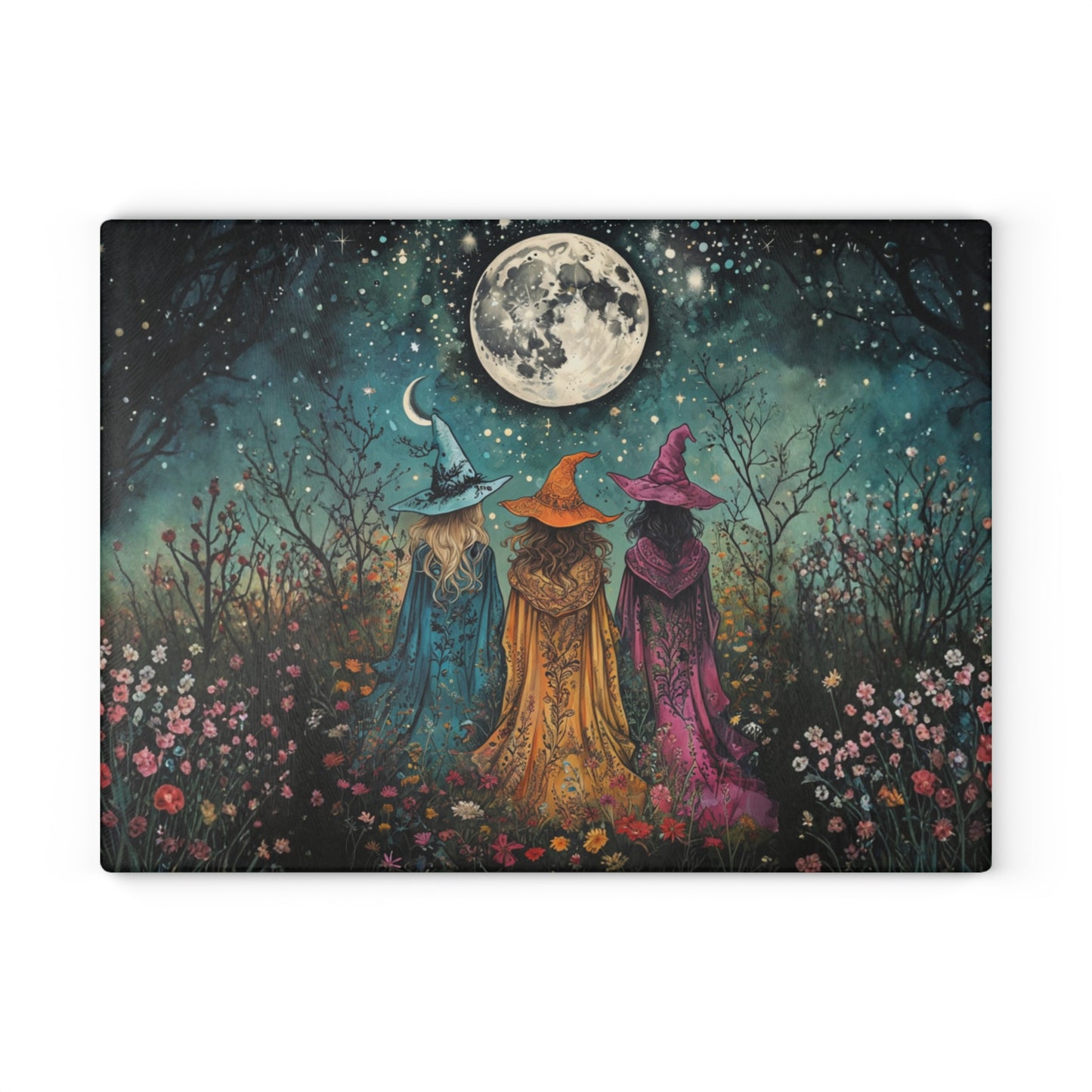 Three Witch Moonlight scene Glass Cutting Board | Pagan kitchen decor