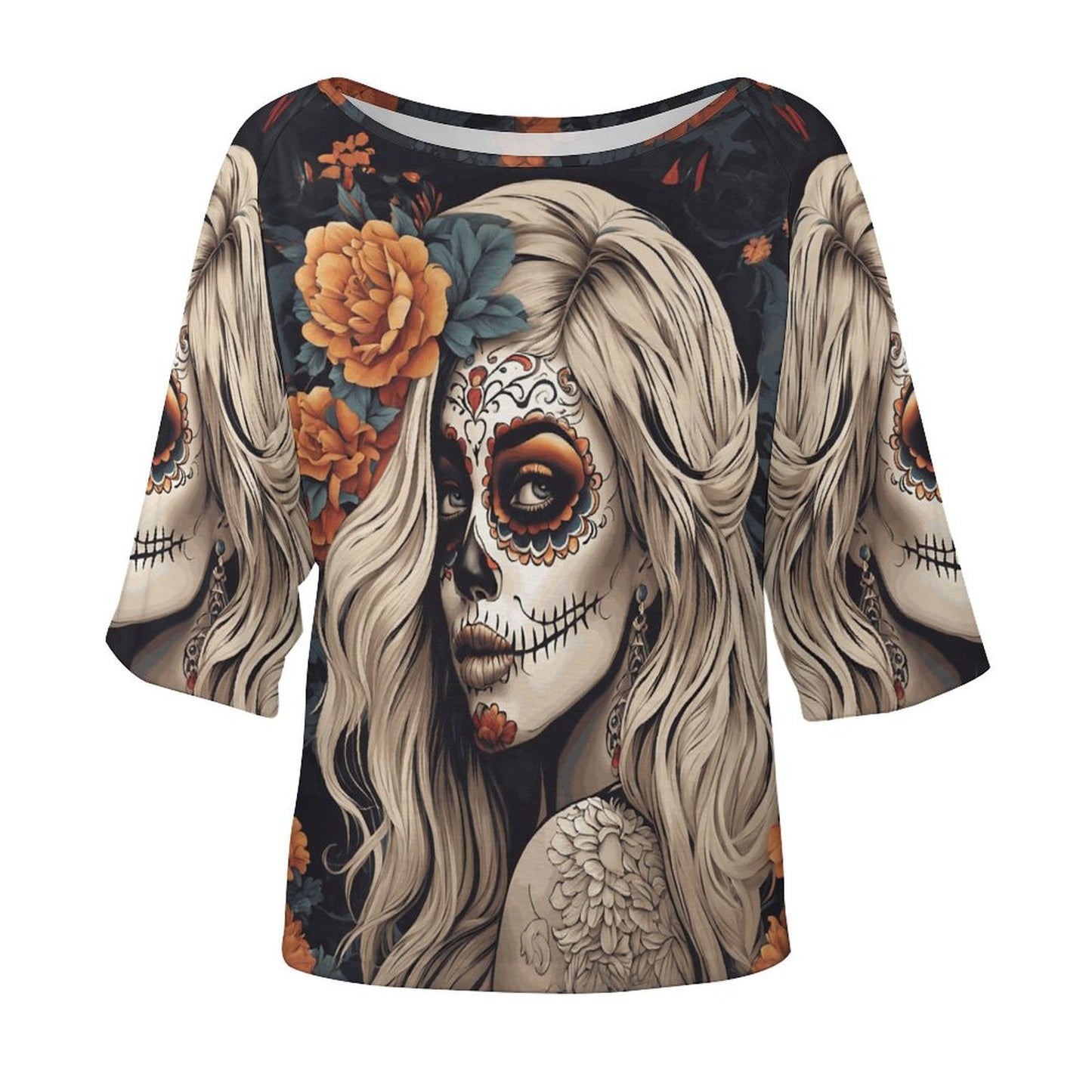 Day of the Dead Blond 180gsm Women’s Off the Shoulder Half-Sleeve T-shirt BAT (All-Over Printing)