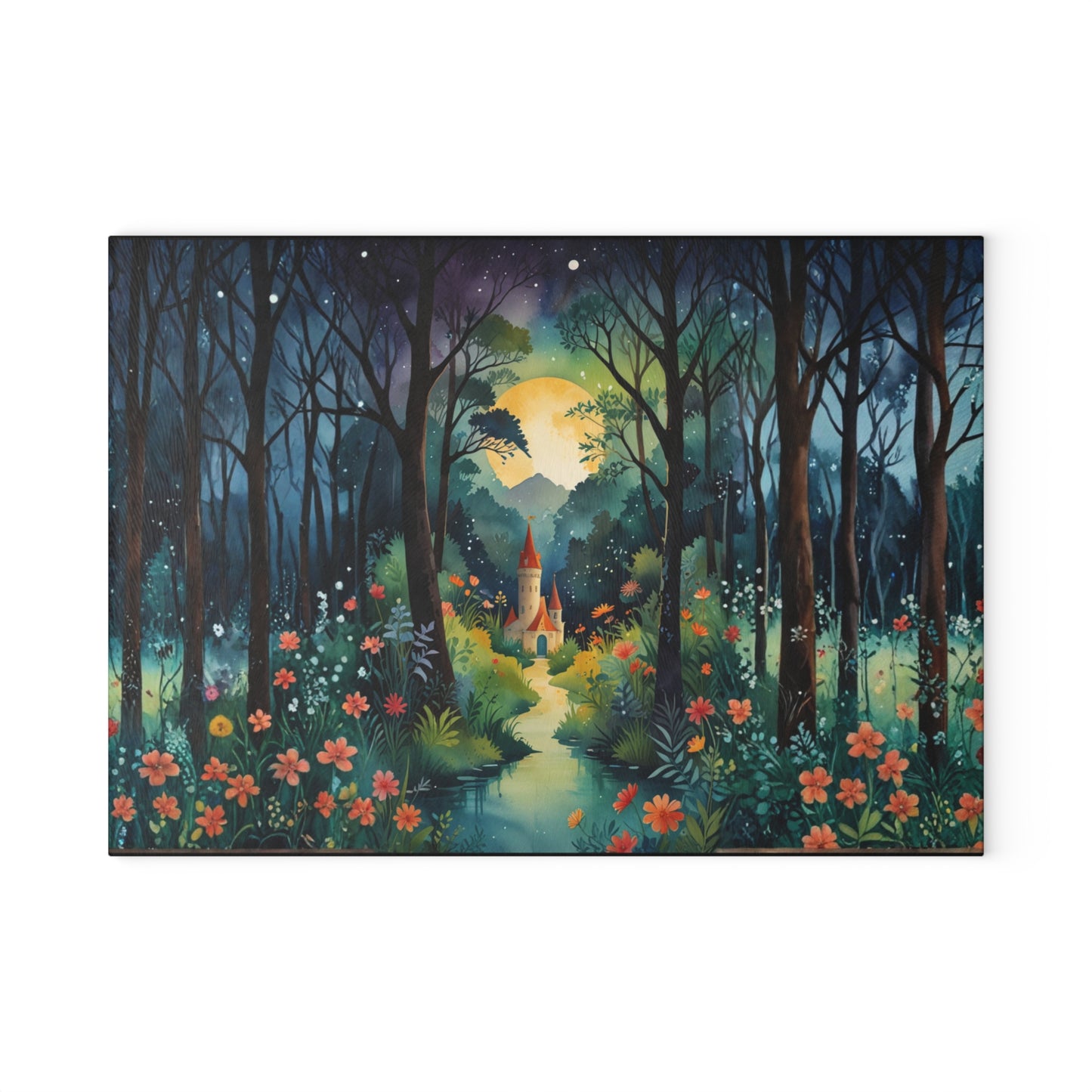 Fairytale Castle Glass Cutting Board | Enchanted Forest Cottage Countertop Protector