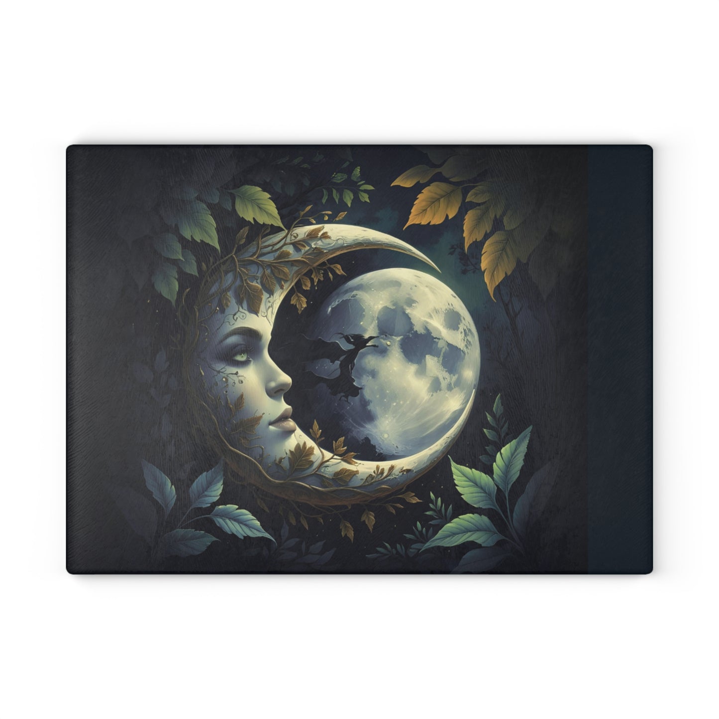 Moonface Crescent Moon Art Glass Cutting Board | Celestial Moonlight Kitchen Decor