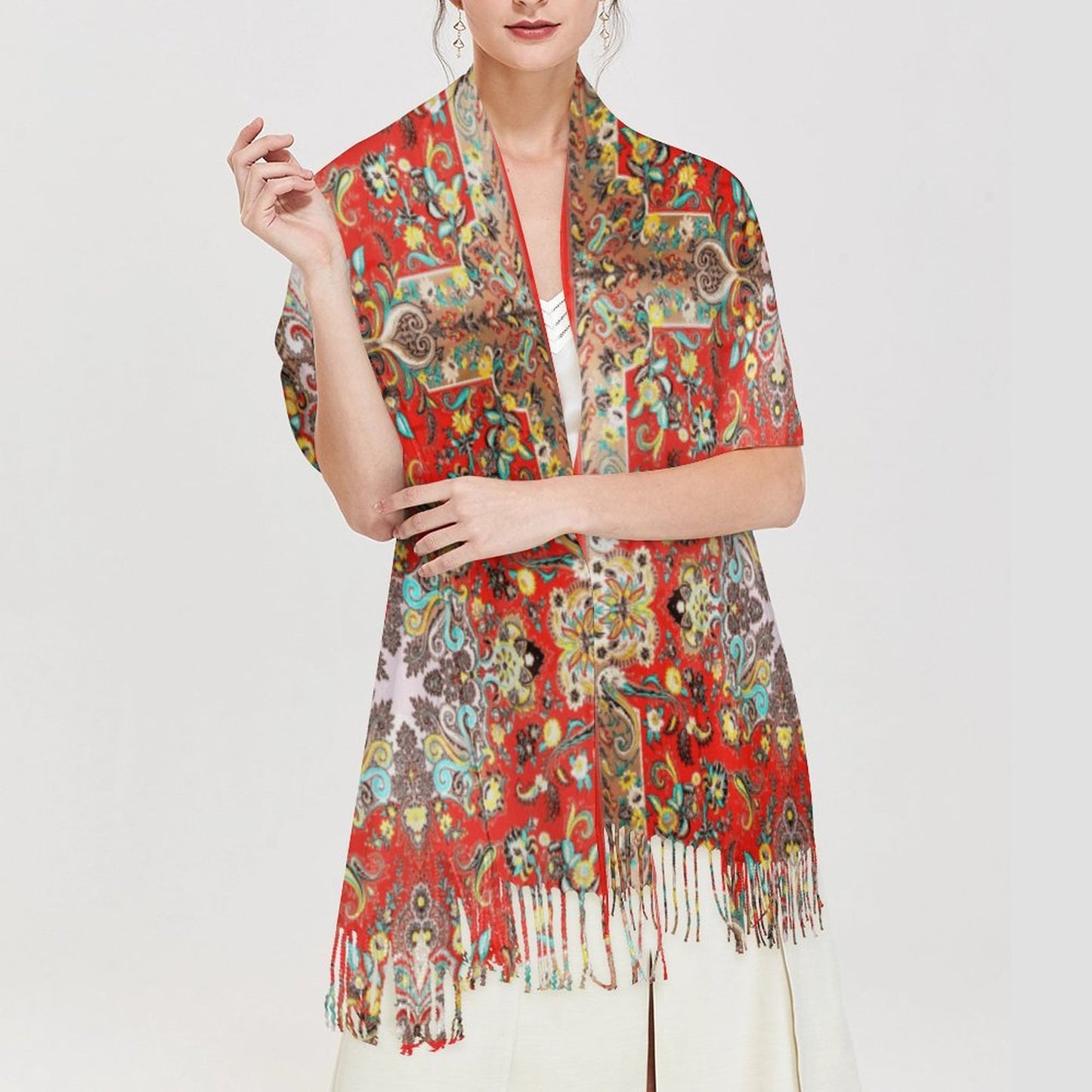 Paissley in Red Cashmere-like Tassel Scarf (All-Over Printing)