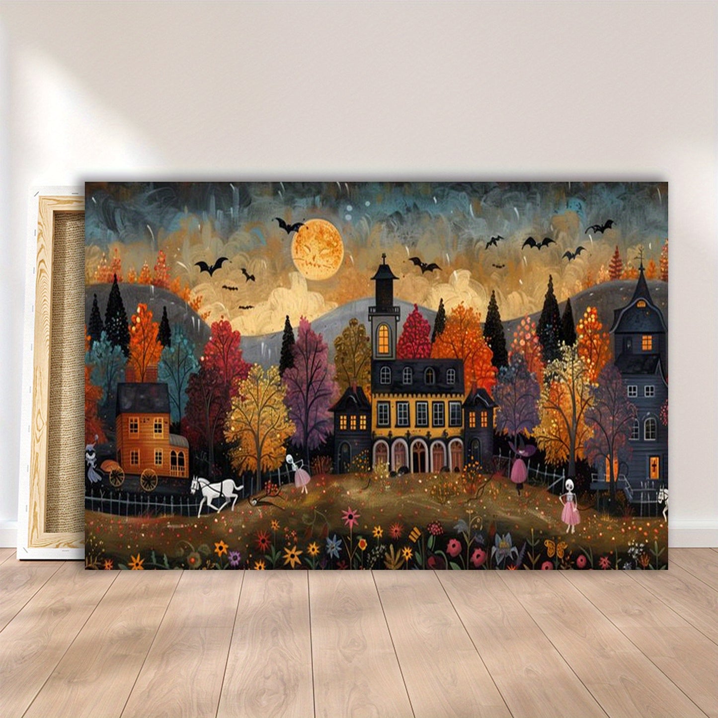 Small Town Celebrating Halloween Canvas, Halloween All Saints' Day Gift