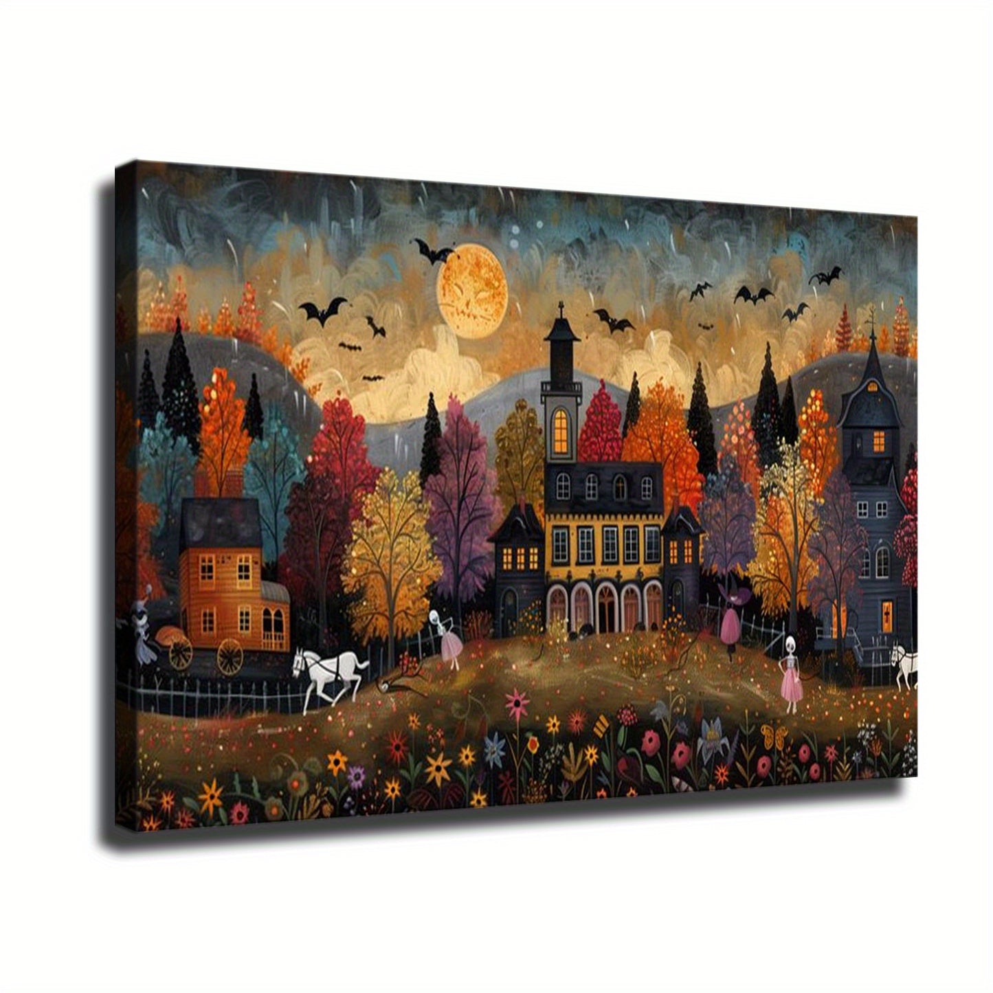 Small Town Celebrating Halloween Canvas, Halloween All Saints' Day Gift