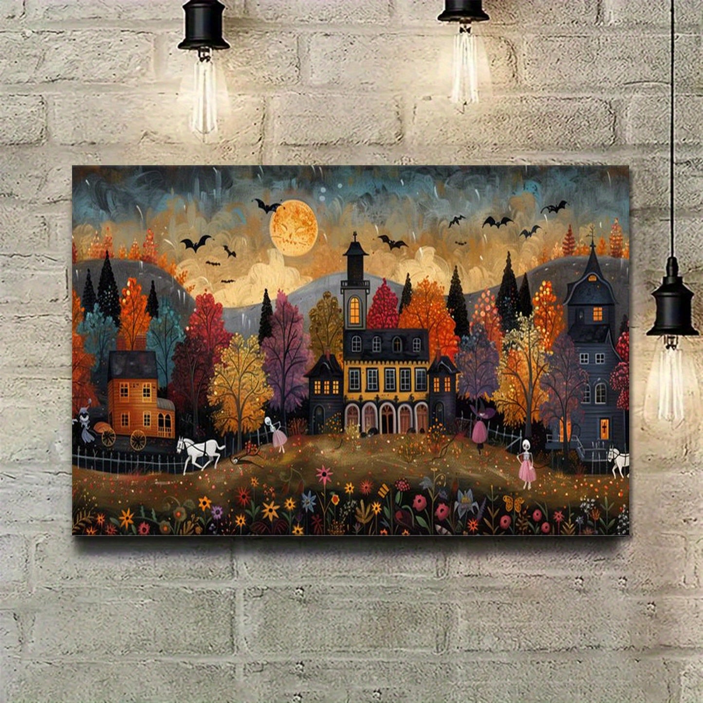 Small Town Celebrating Halloween Canvas, Halloween All Saints' Day Gift