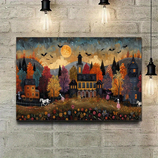 Small Town Celebrating Halloween Canvas, Halloween All Saints' Day Gift